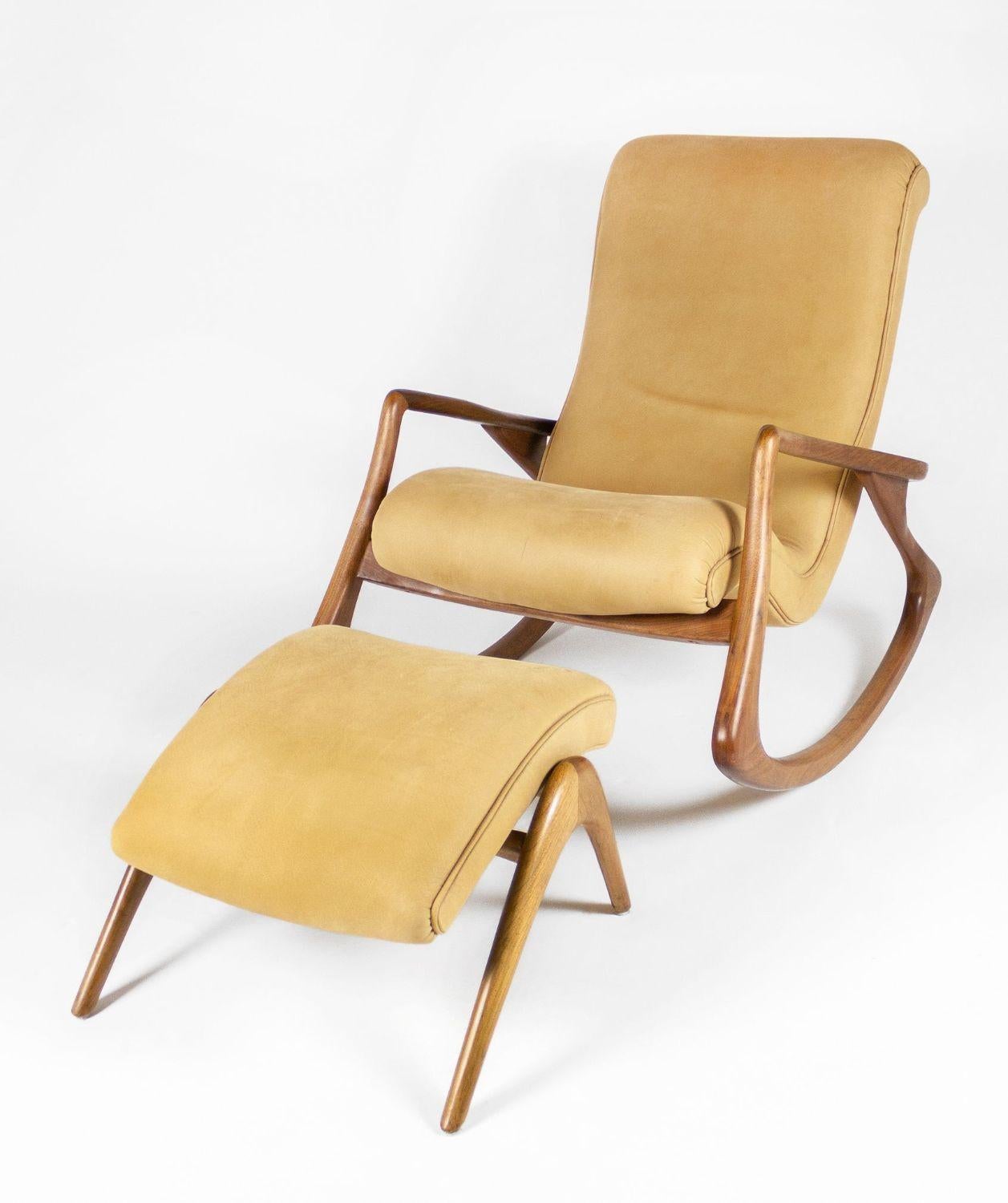 Early Vintage Kagan rocking chair and ottoman in the original soft camel colored leather in very good condition. Very comfortable.