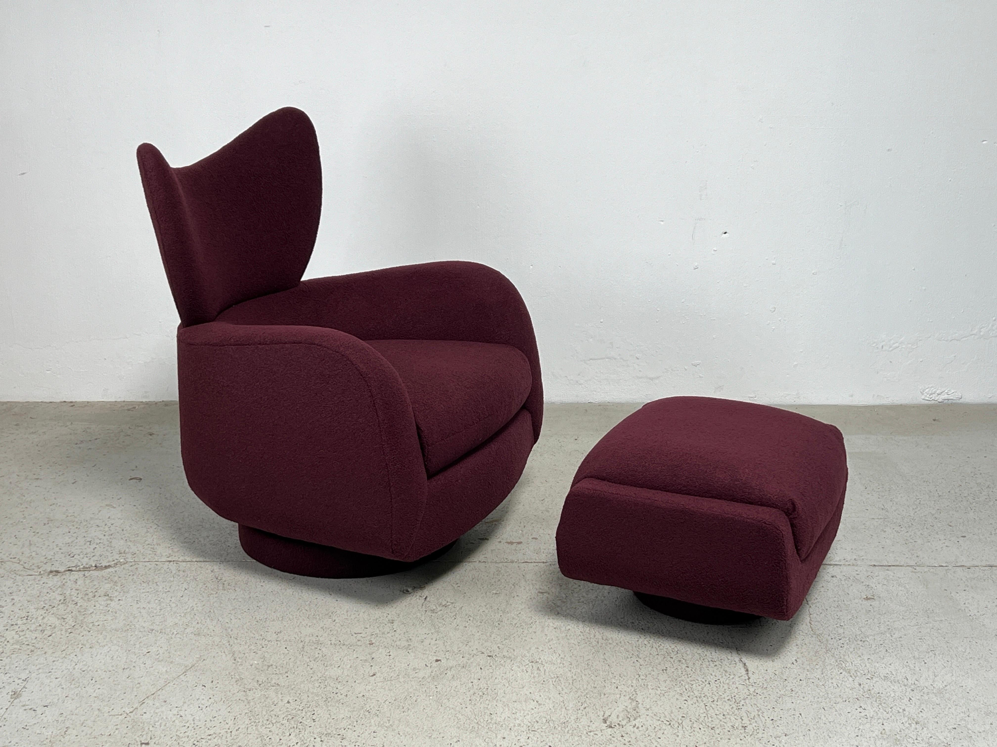 A rocking swivel wingback chair and ottoman designed be Vladimir Kagan for Directional. Fully restored and reupholstered in a merlot boucle. 

Chair: 32 x 32 x 40h / 18sh
Ottoman: 26w x 20d x 16h
