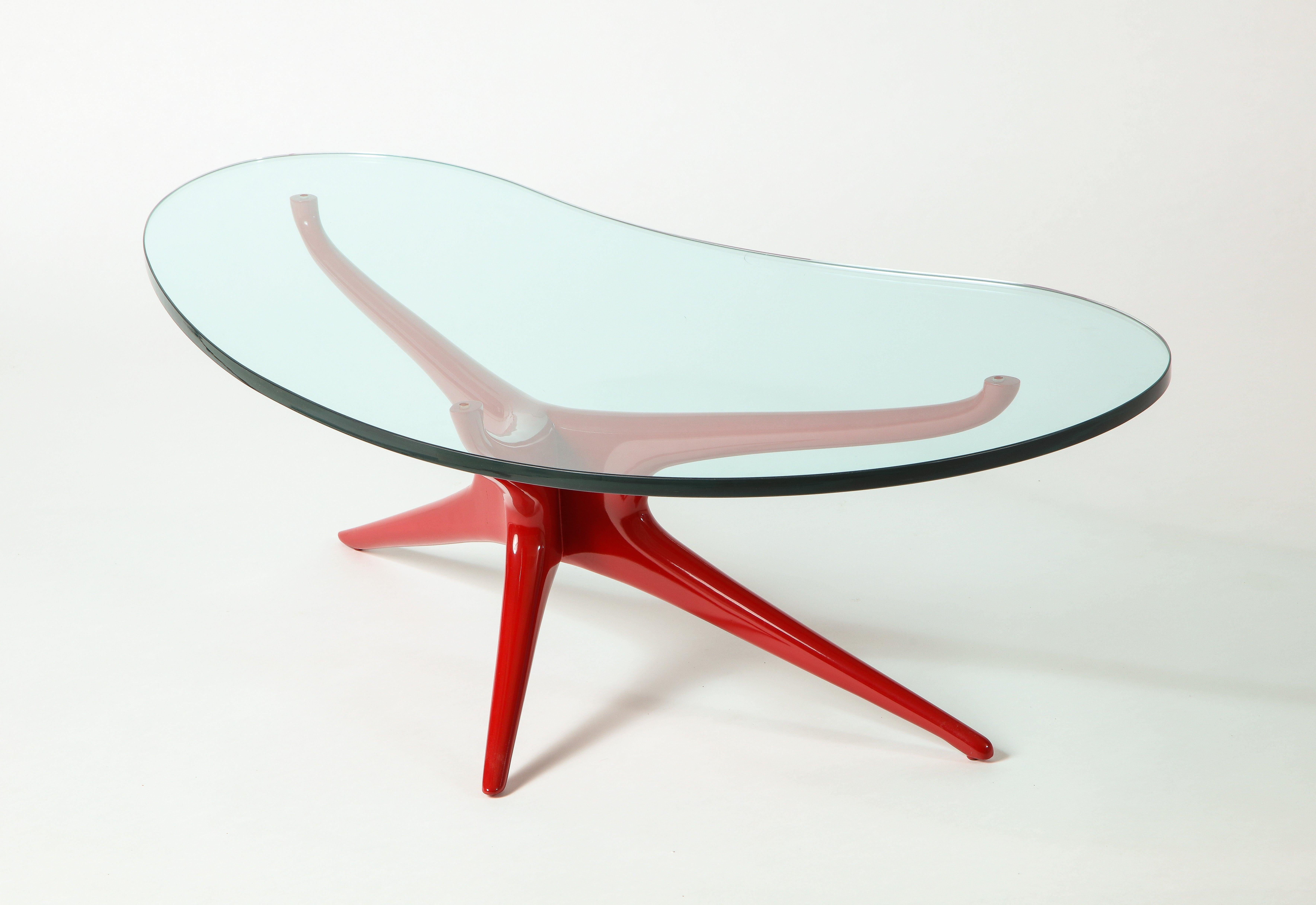 Vladimir Kagan 412 Sculpted Coffee Table with Clear Glass Top & Red Lacquer Base 6