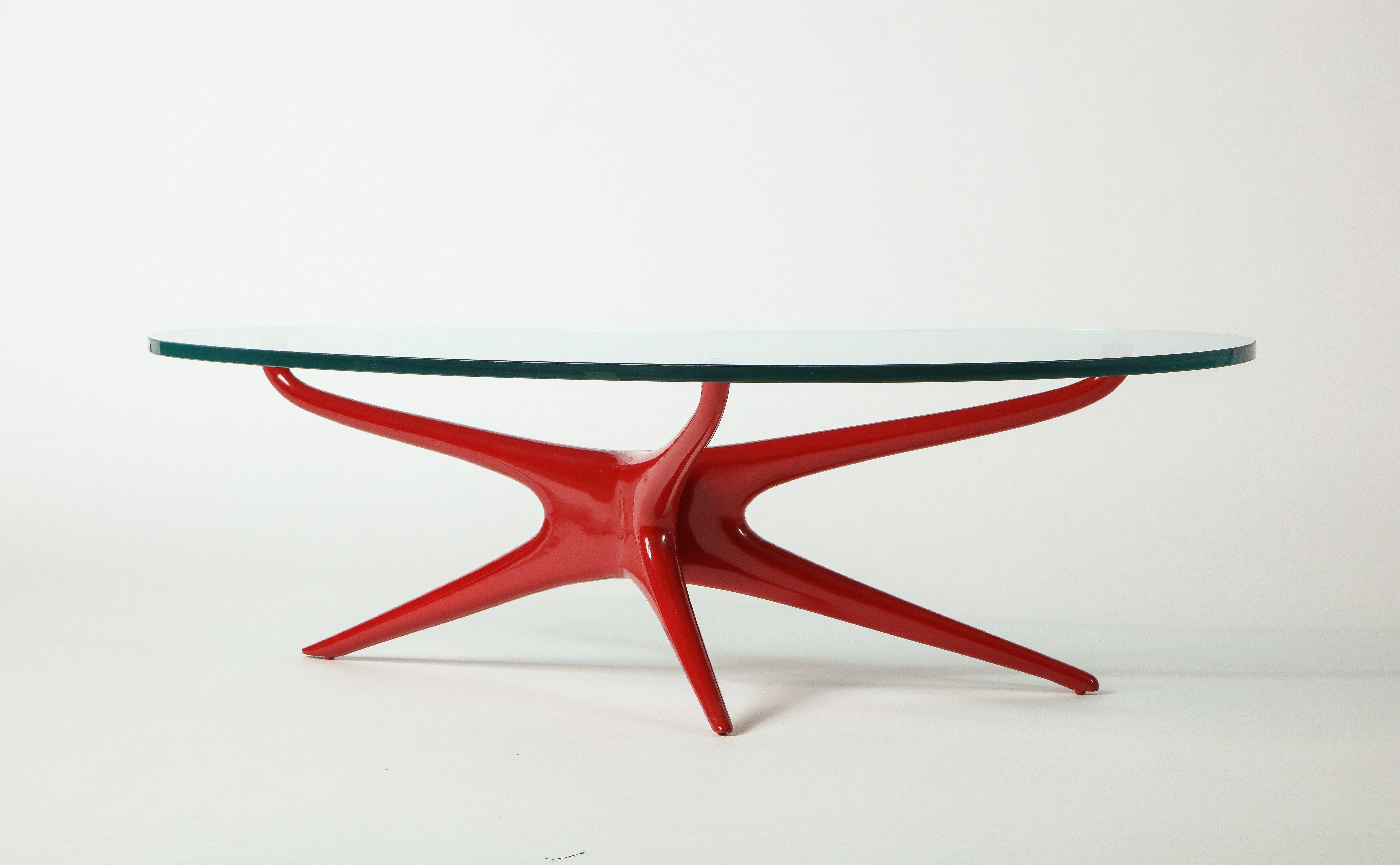 Vladimir Kagan 412 Sculpted Coffee Table with Clear Glass Top & Red Lacquer Base 9