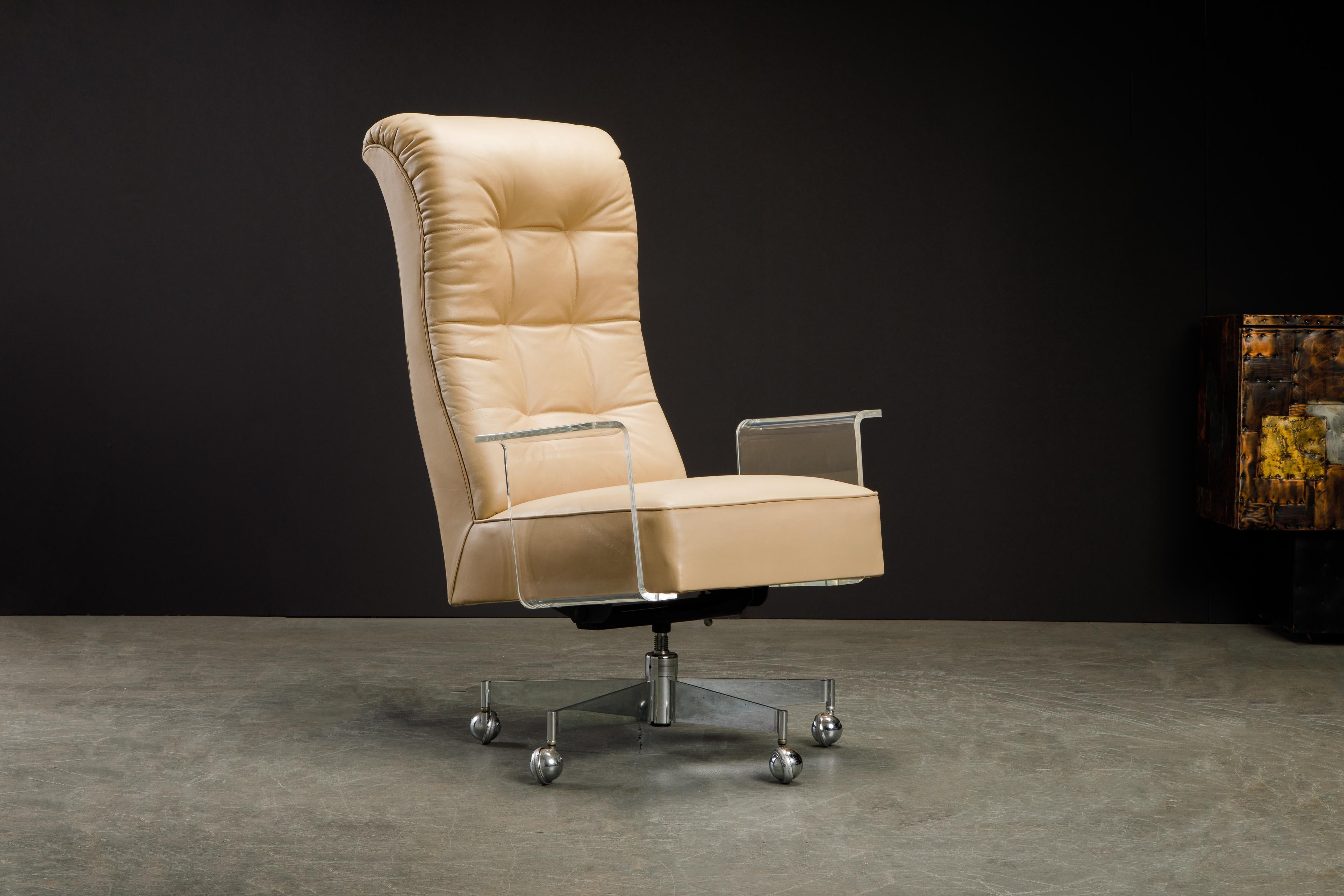 Mid-Century Modern Vladimir Kagan Sculpted Lucite Leather & Chrome Executive Desk Chair, circa 1970