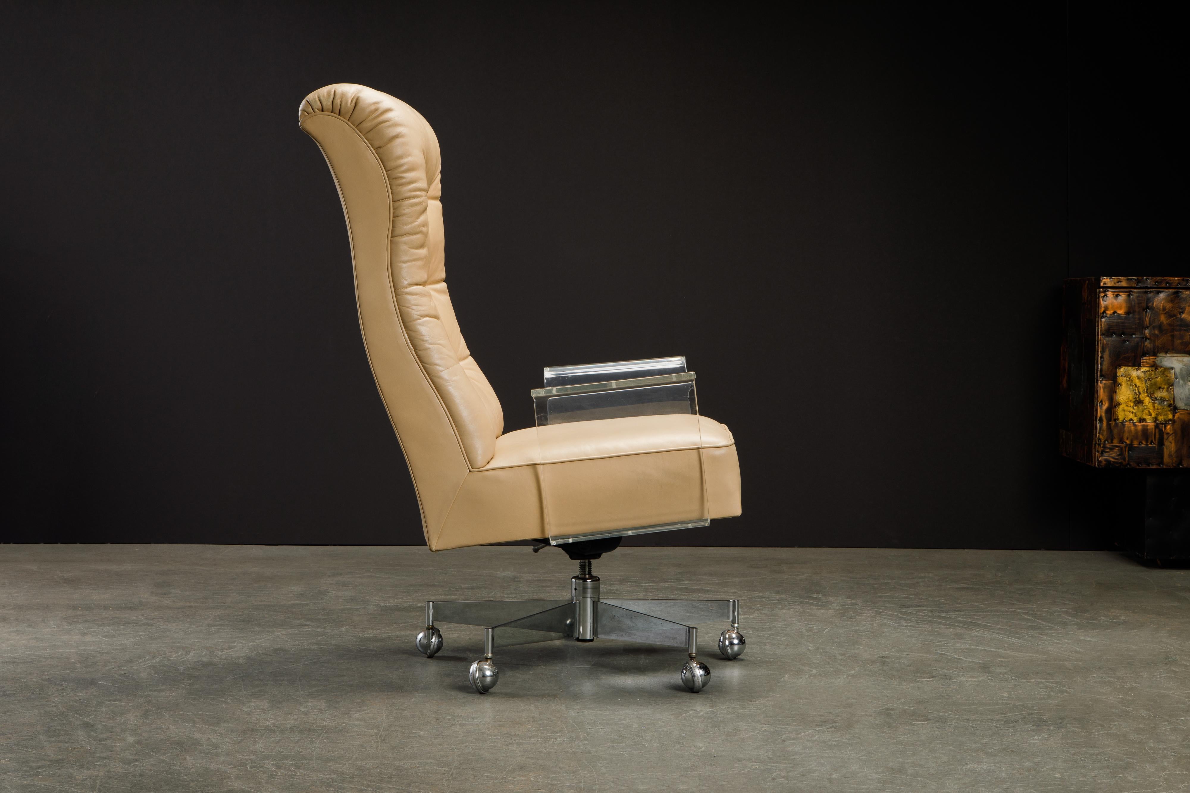 American Vladimir Kagan Sculpted Lucite Leather & Chrome Executive Desk Chair, circa 1970