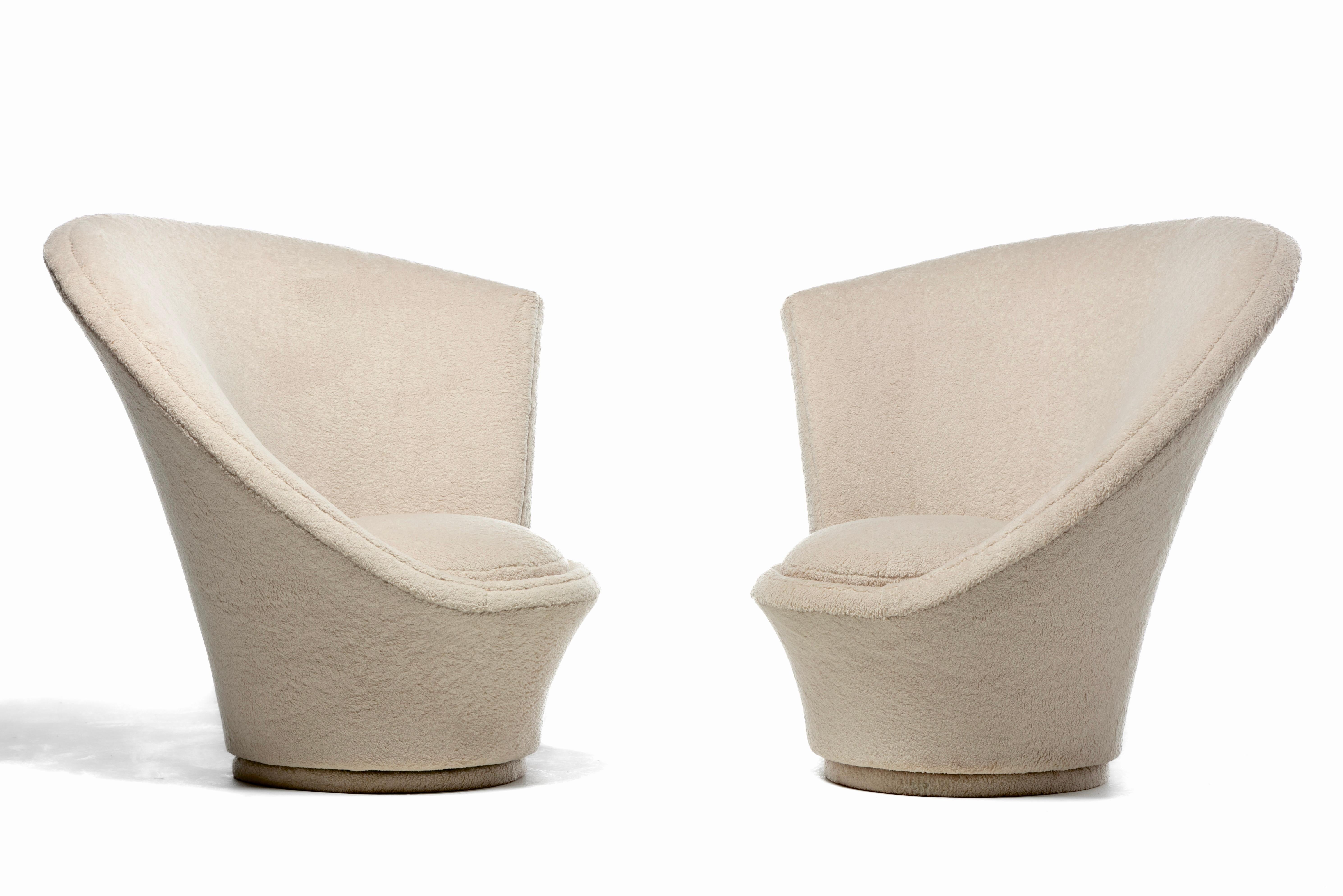 Vladimir Kagan Sculptural High Back Swivel Chairs in Textured Ivory Fabric For Sale 4
