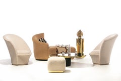 Vladimir Kagan Sculptural High Back Swivel Chairs in Textured Ivory Fabric