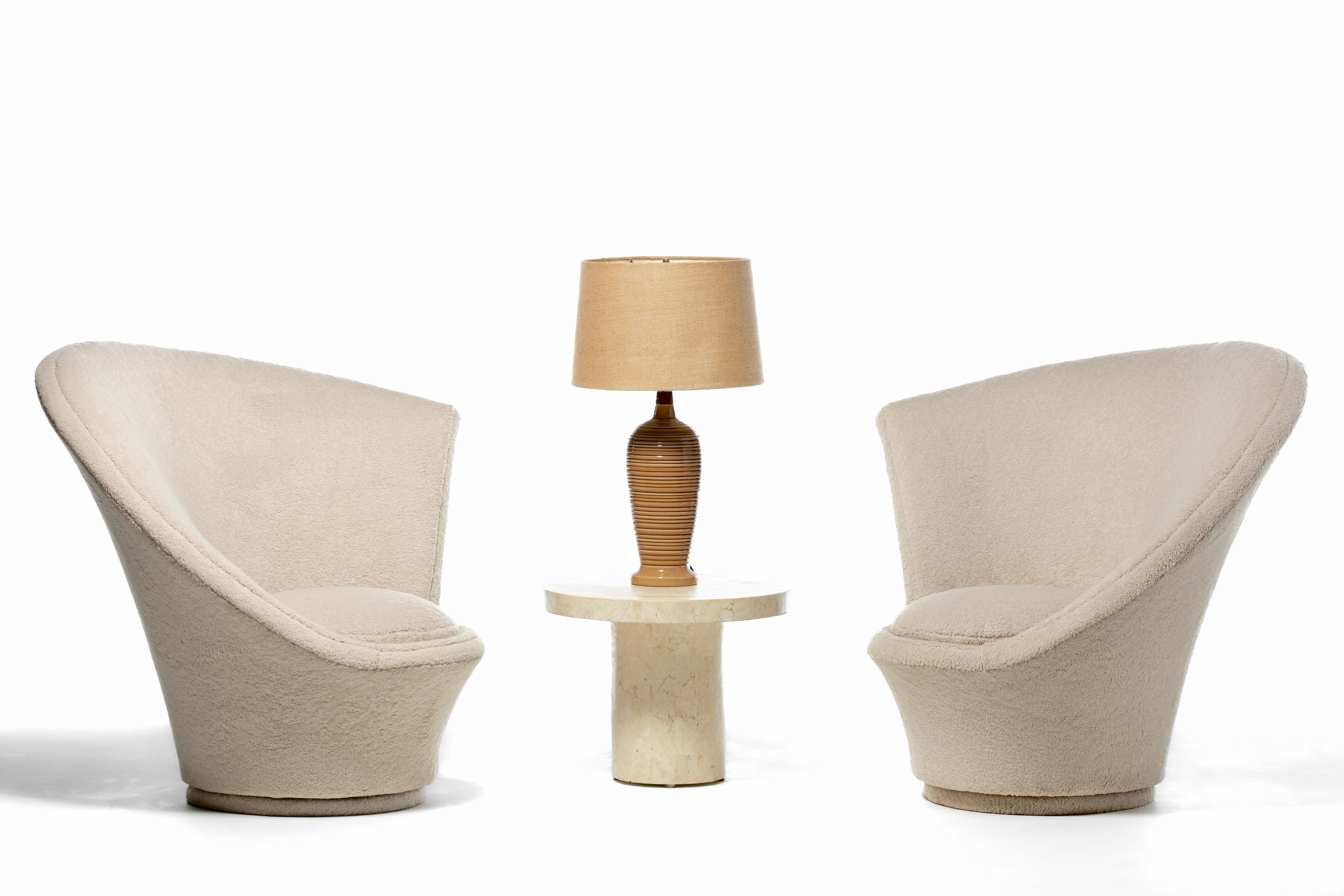 Post-Modern Vladimir Kagan Sculptural High Back Swivel Chairs in Textured Ivory Fabric For Sale