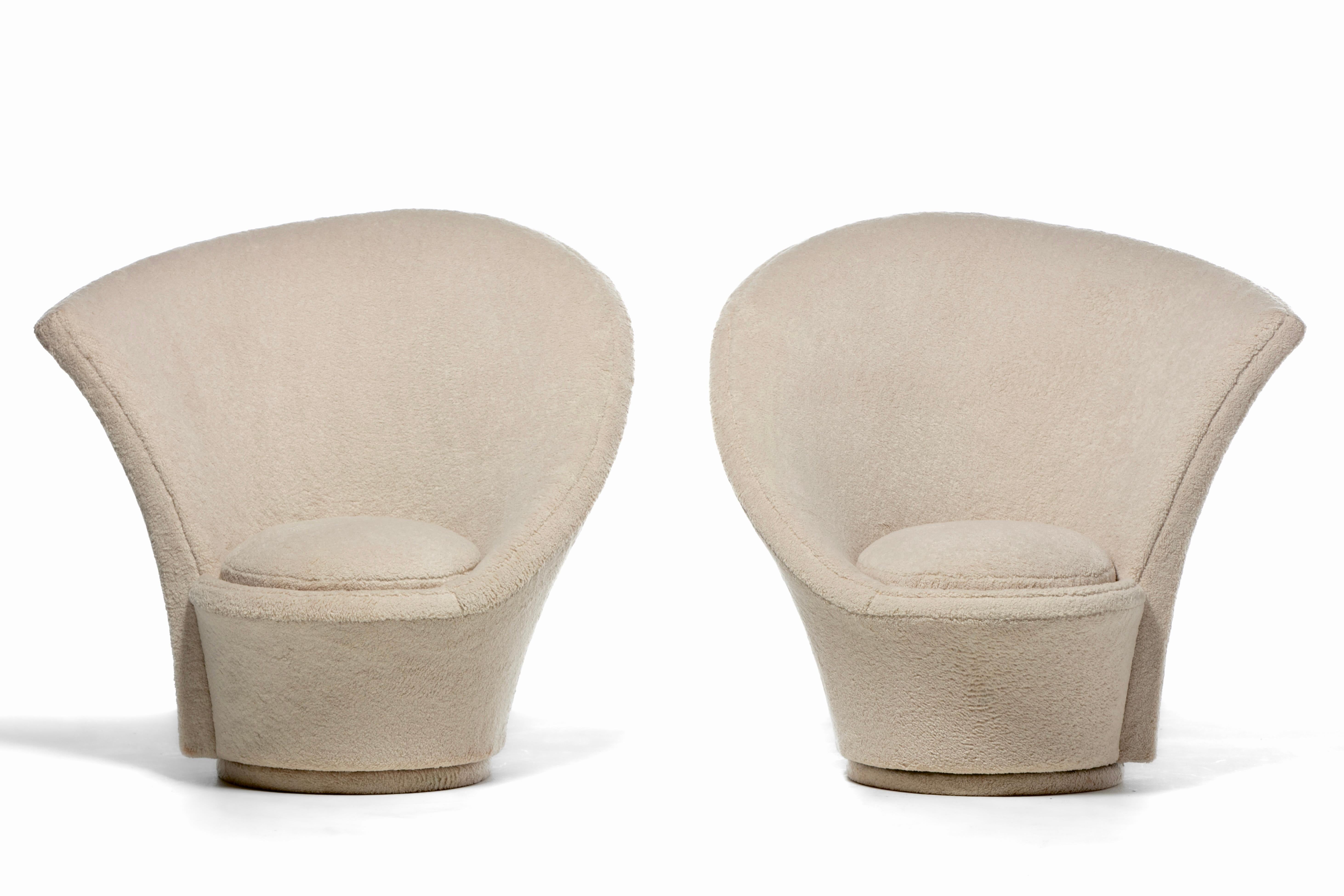 Late 20th Century Vladimir Kagan Sculptural High Back Swivel Chairs in Textured Ivory Fabric For Sale