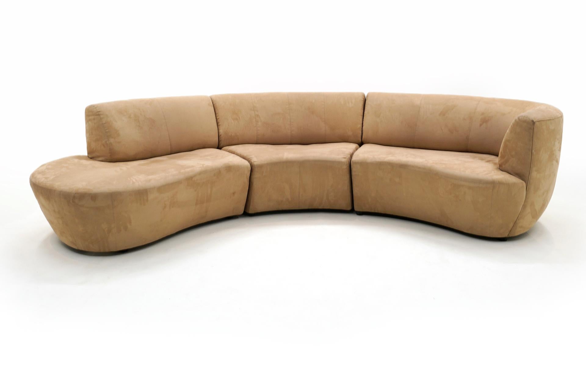 Sectional Cloud Sofa designed by Vladimir Kagan for Weiman.  So much easier to move and set up than the one piece versions of this design.  The suede upholstery is in good condition with a number of small spots and areas of discoloration apparent