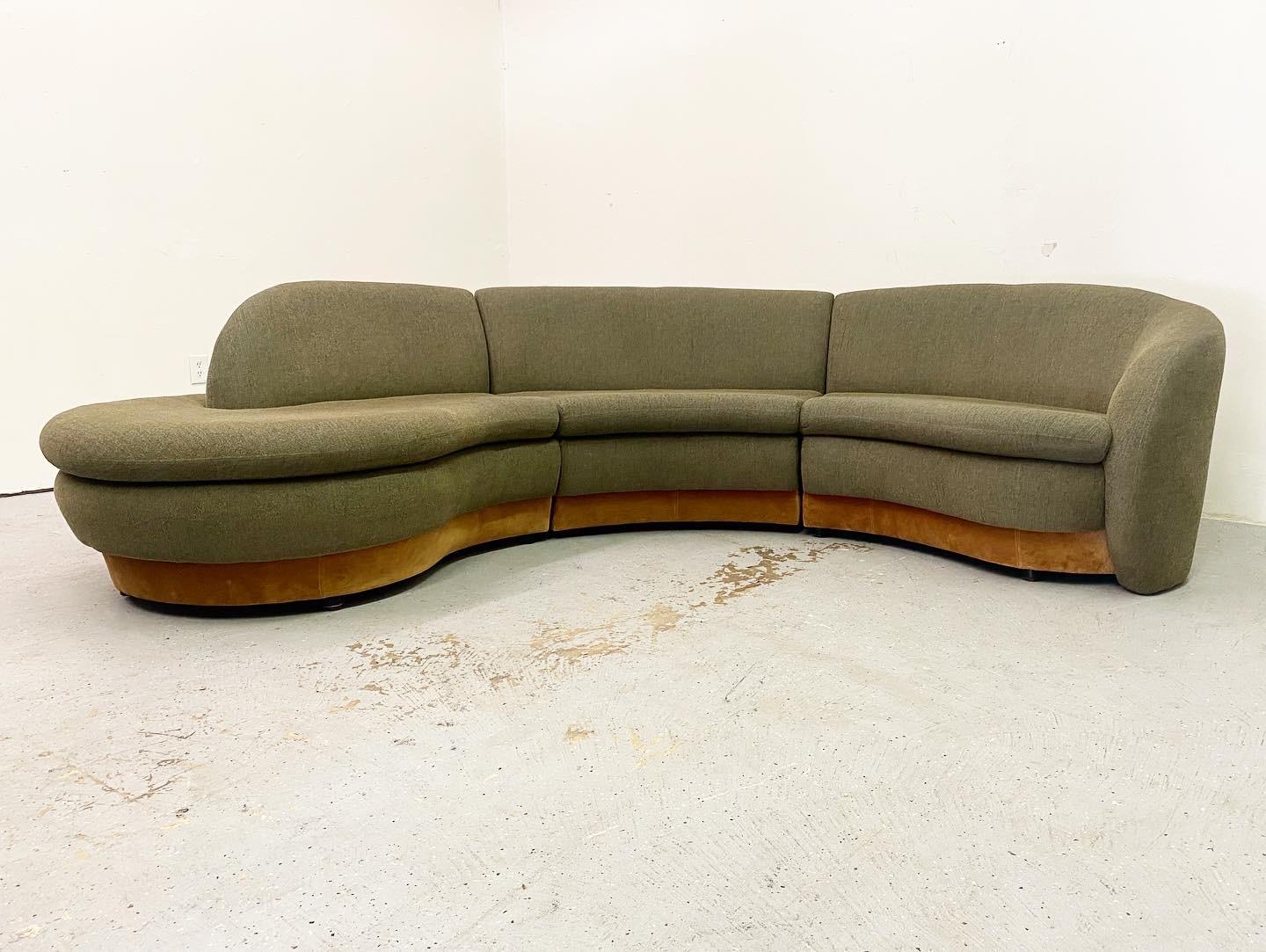 Beautiful serpentine form to this Preview Sectional in the manner of Vladimir Kagan. A seldom found example with exaggerated form and perfect scale. Original upholstery is usable but would be amazing restored.