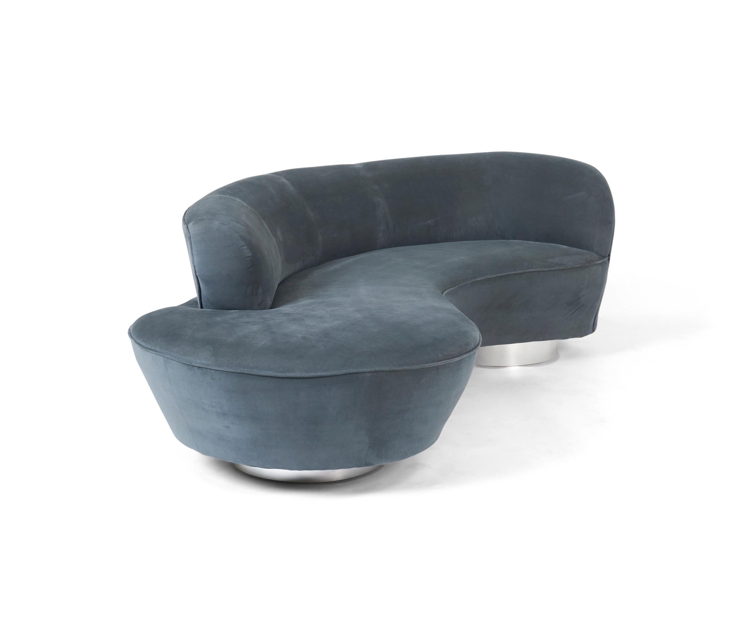 Cloud sofa by Vladimir Kagan for Directional Furniture. Original blue-grey suede leather upholstery with chrome bases.