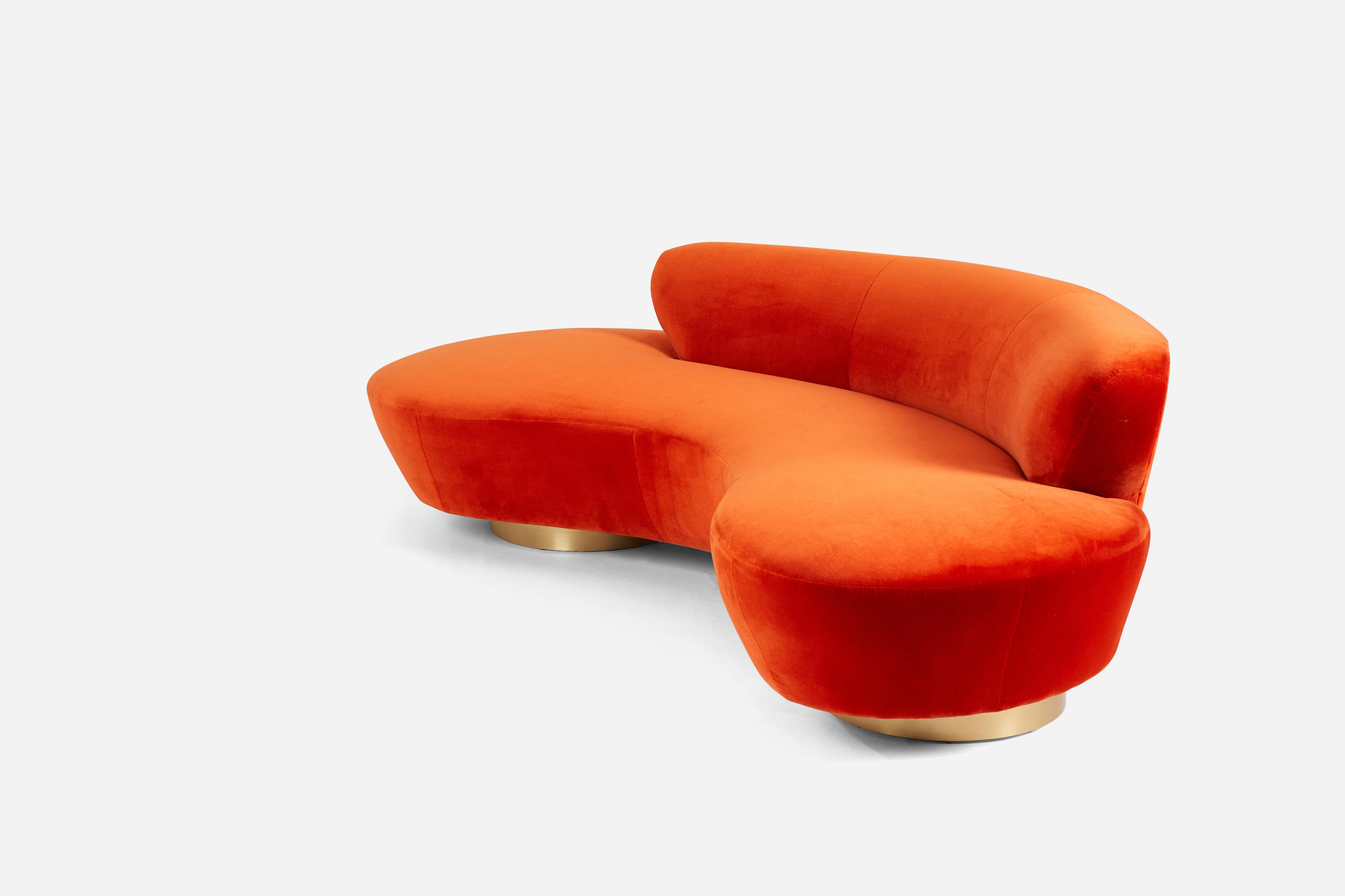 Serpentine sofa designed by Vladimir Kagan for Directional Furniture. Fully restored and reupholstered in vibrant coral velvet.

 Pair available.