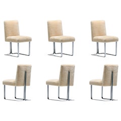 Vladimir Kagan Set of 6 Brushed Aluminum Dining Chairs in New Beige Shearling