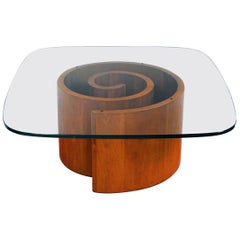 Table basse escargot Vladimir Kagan en noyer avec verre original