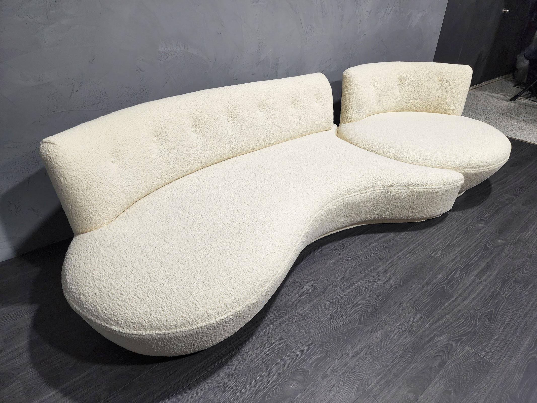 This is a unique design attributed Vladmir Kagan that we believe he did for boutique hotels. The swivel chair butts up to the sofa and can fit two people. The swivel turns 360 degrees. We have a pair of these sofas although upholstery does not match.