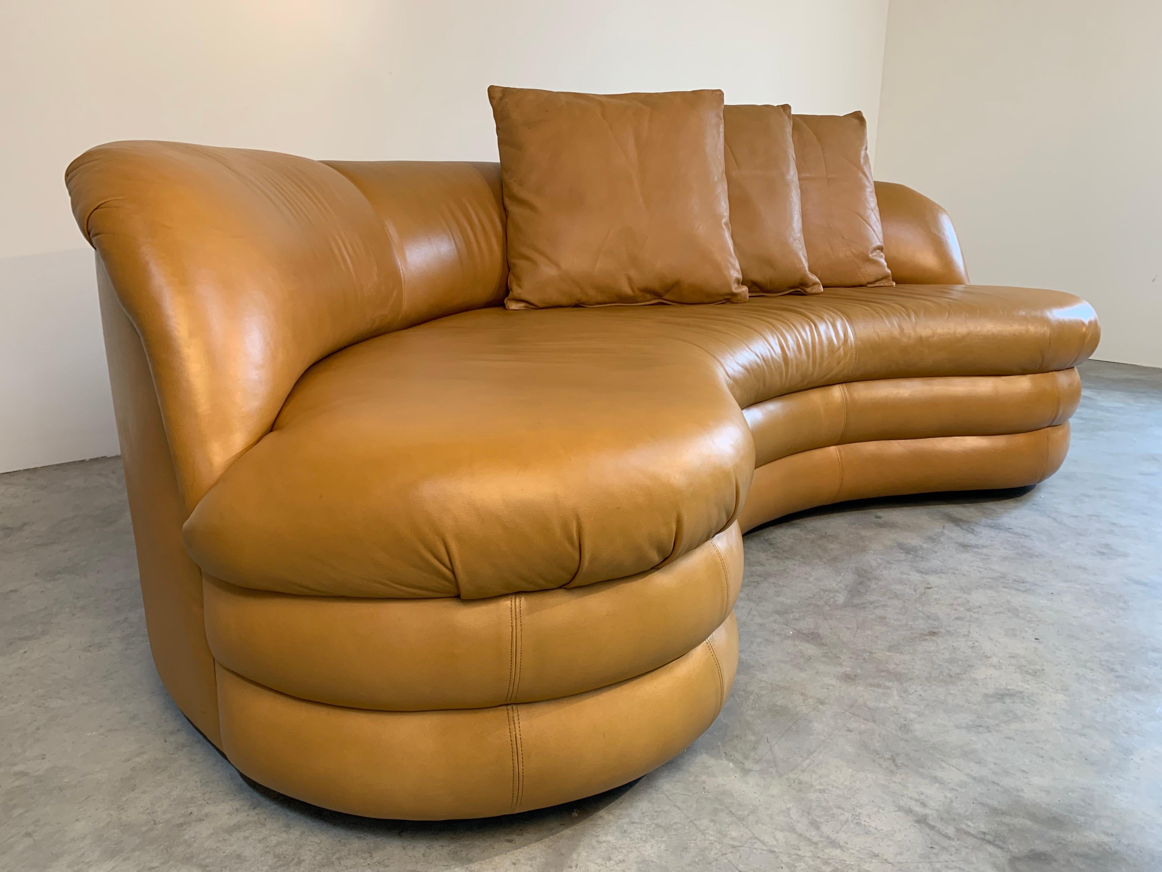 Directional sofa in beautiful caramel leather attributed to Vladimir Kagan, circa 1980.
Directional tag is underneath. Newly conditioned with Black Rock leather conditioner which is our absolute favorite treatment for leather. Clean, solid and