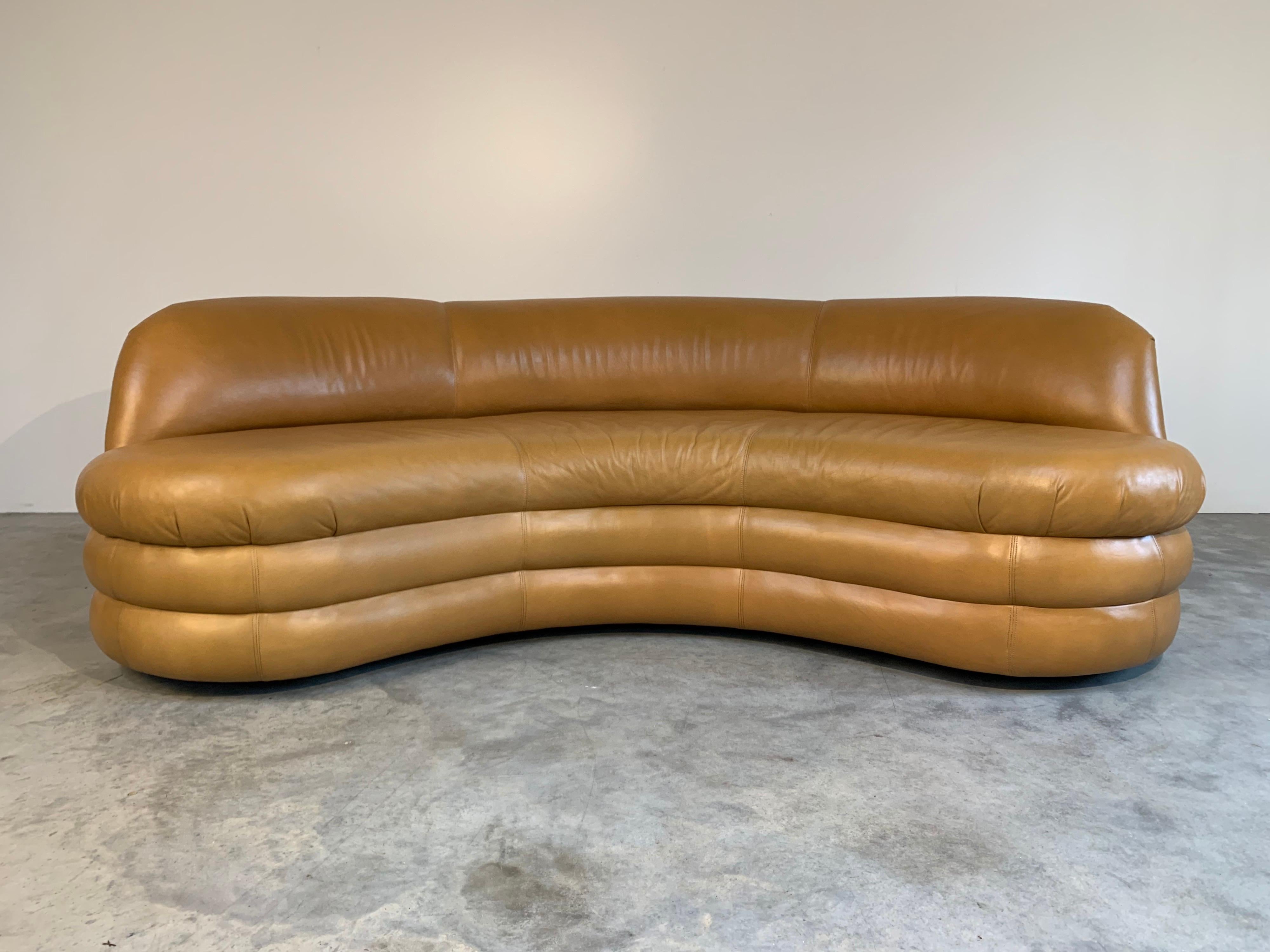 Hollywood Regency Vladimir Kagan Sofa for Directional Biomorphic Kidney Form in Caramel Leather