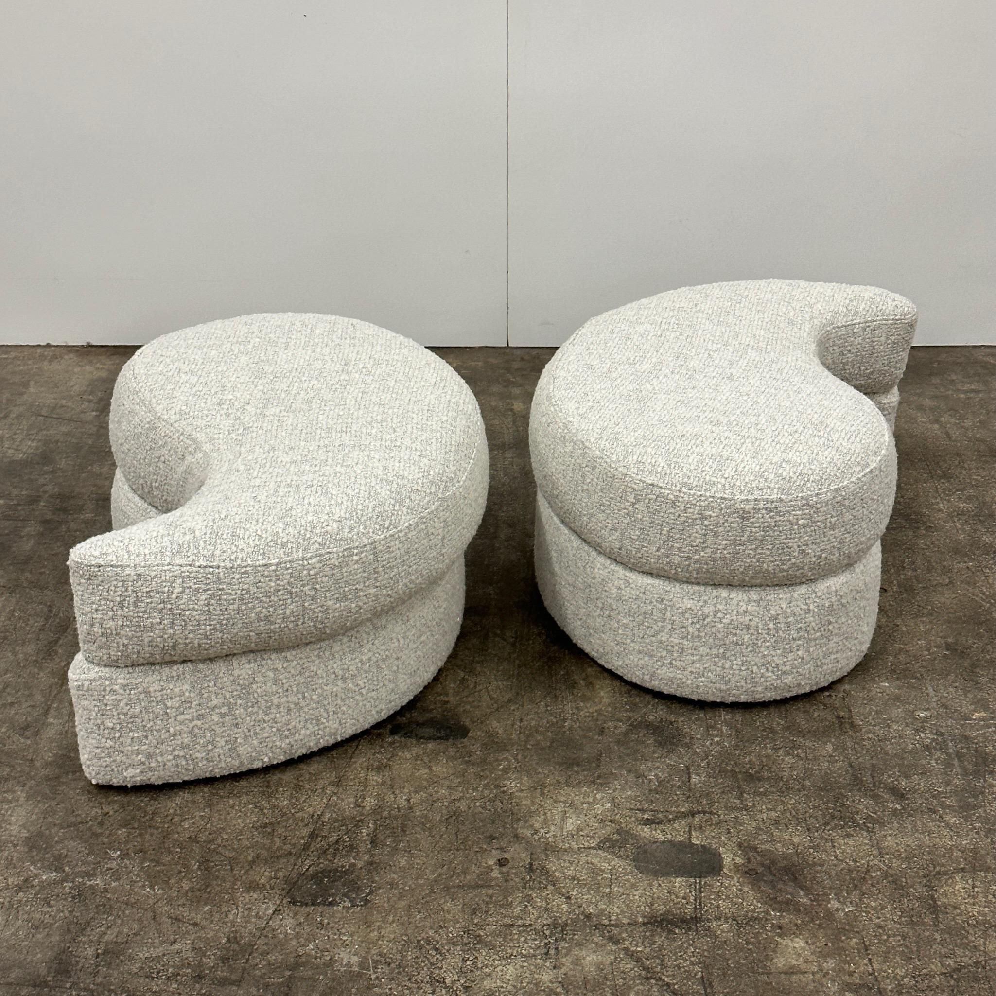 Manufactured by Directional in North Carolina. Vladimir Kagan style, upholstered in a nubby white boucle.

Price is for the set. Contact us if you'd like to purchase a single item.