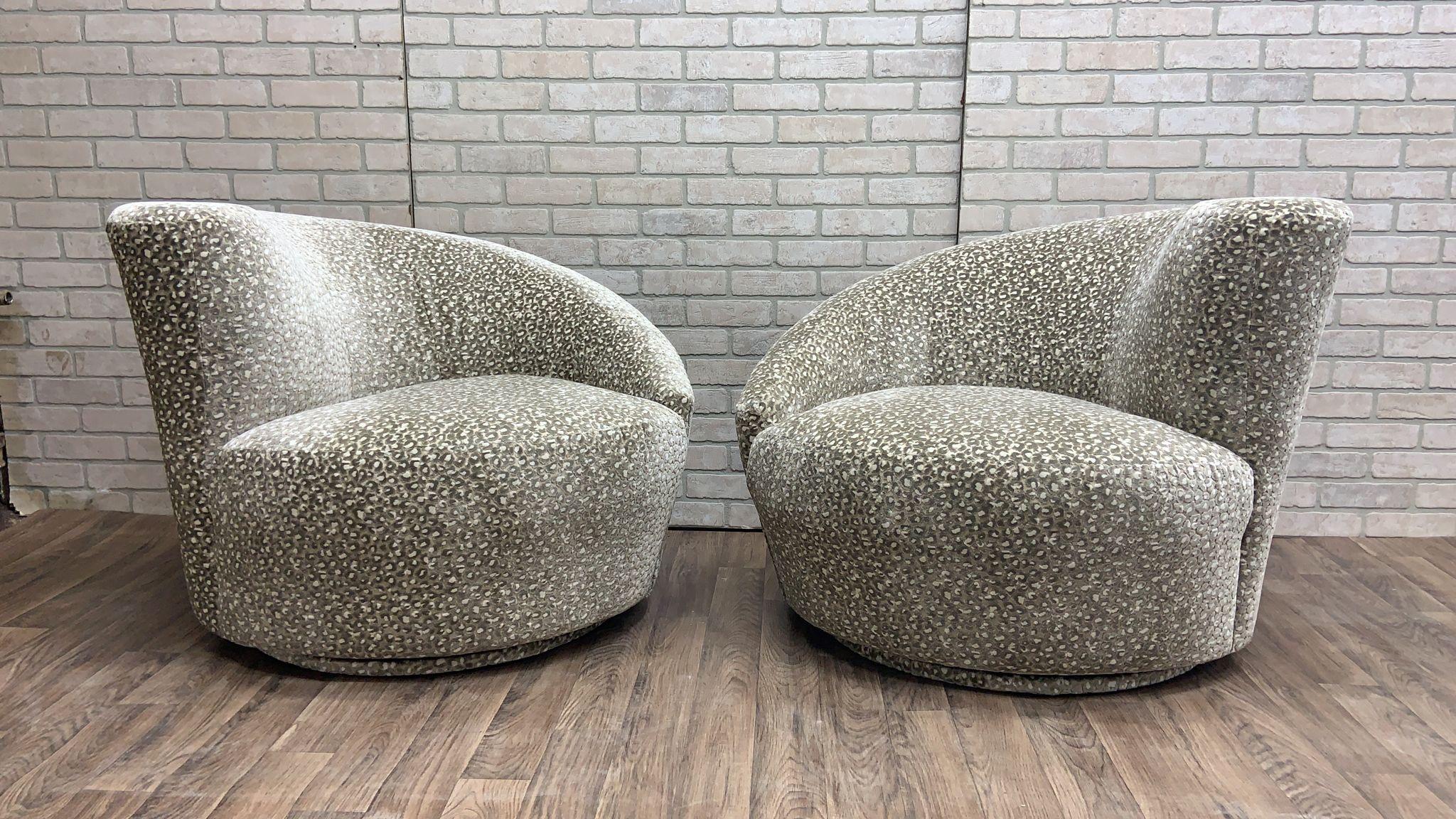Hand-Crafted Vladimir Kagan Style Asymmetrical Swivel “Nautilus” Weiman Lounge Chairs - Pair For Sale