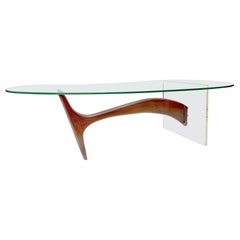 Kidney Shape lucite, Walnut Coffee Table