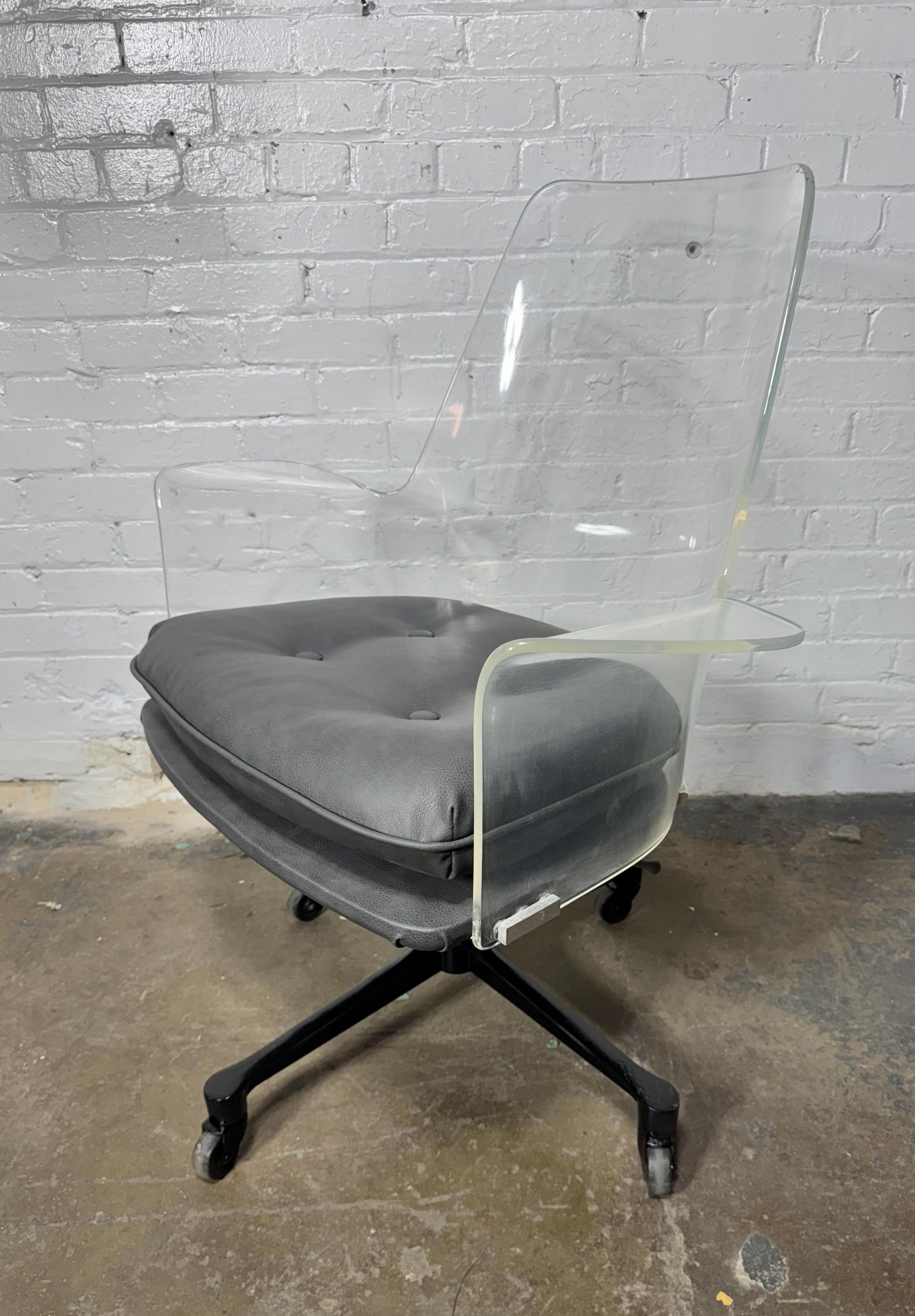 Lucite Tilt / Swivel Desk Chair ,Extremely comfortable, Naugahyde seat restored / reupholstered. Lucite buffed out.. 