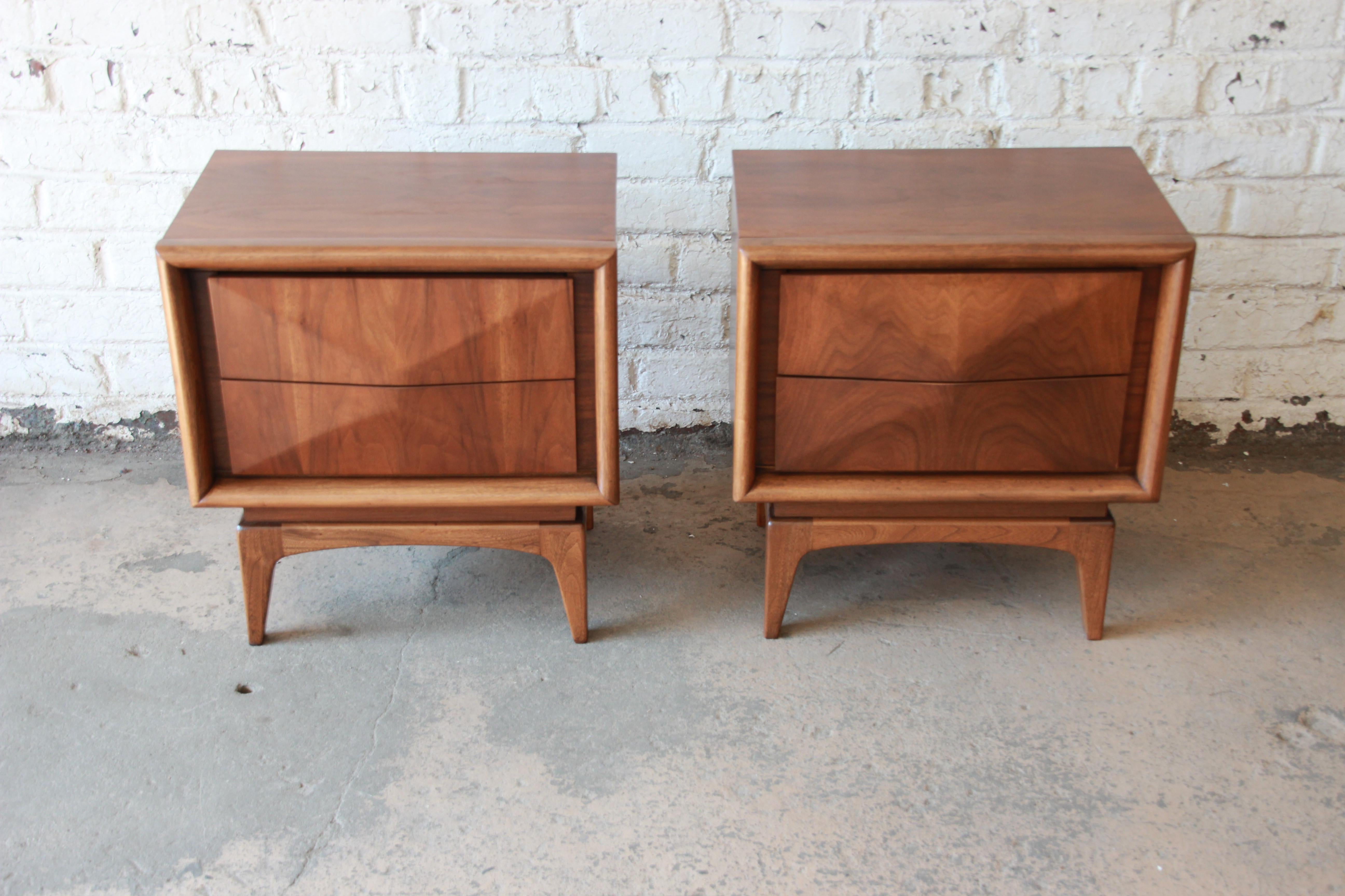 American Mid-Century Modern Diamond Front Nightstands by United