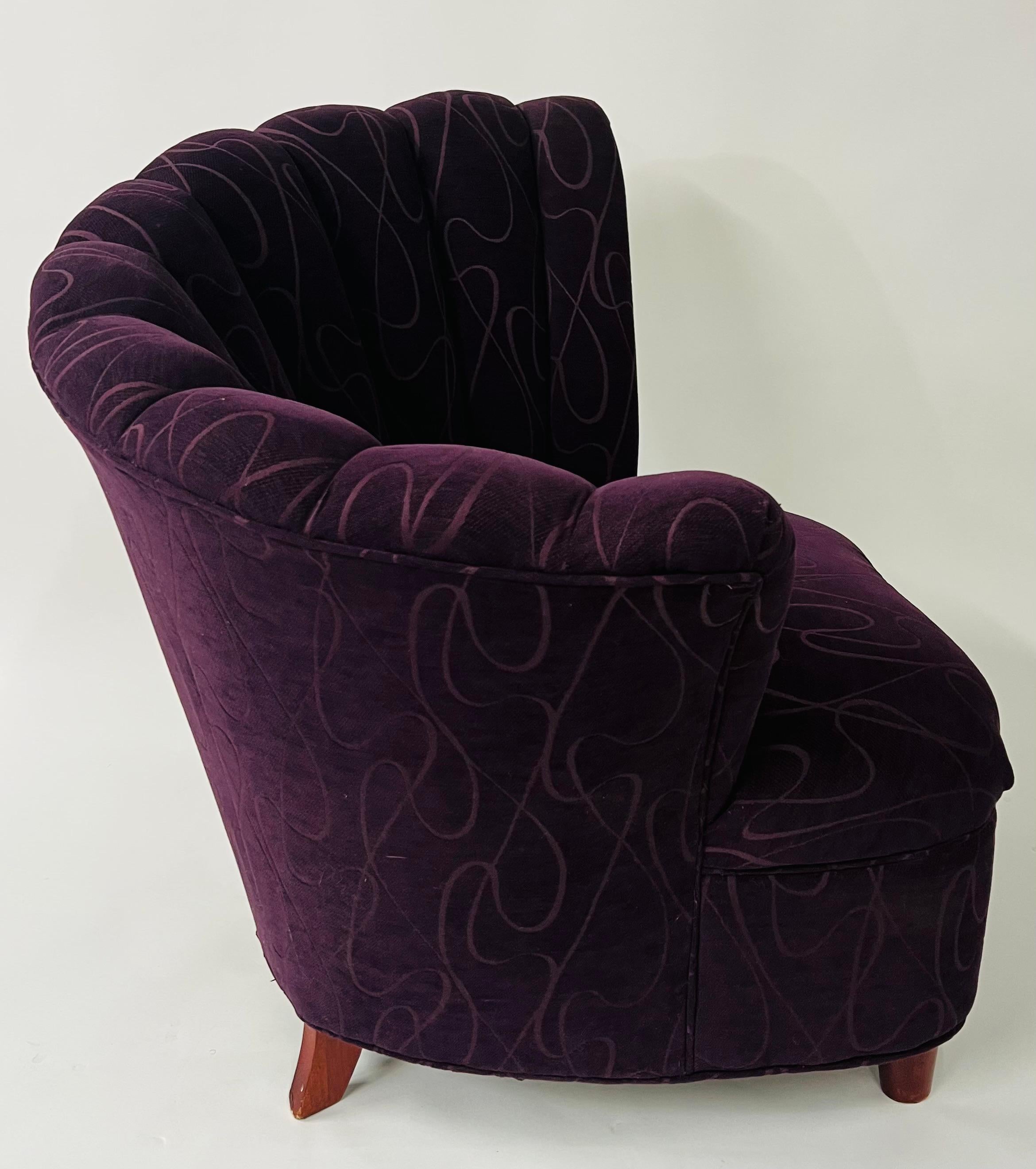 Upholstery Mid-Century Modern Purple Fan Back Lounge Chair, a Pair