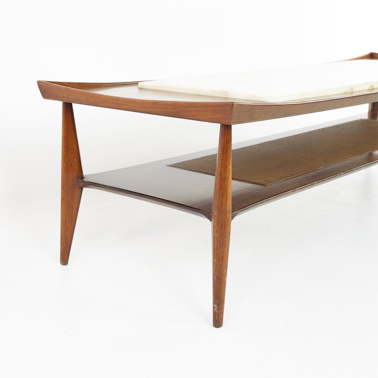 American Mid Century Stone Top Walnut Coffee Table For Sale