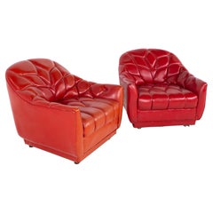 Vladimir Kagan Style Mid Century Tufted Red Naugahyde Lounge Chairs, a Pair