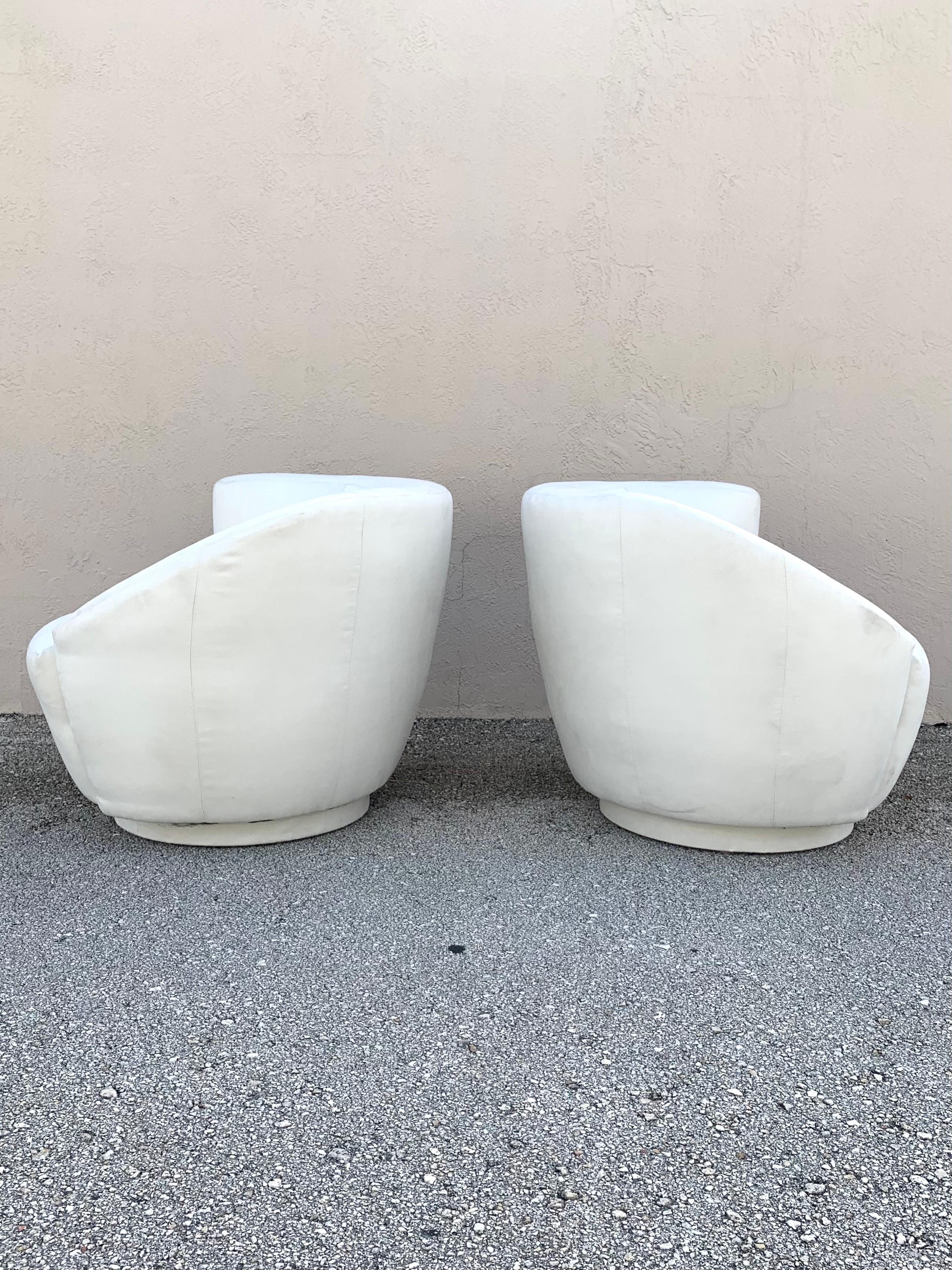 Upholstery Mid-Century Modern Nautilus Style Swivel Chairs in White, a Pair