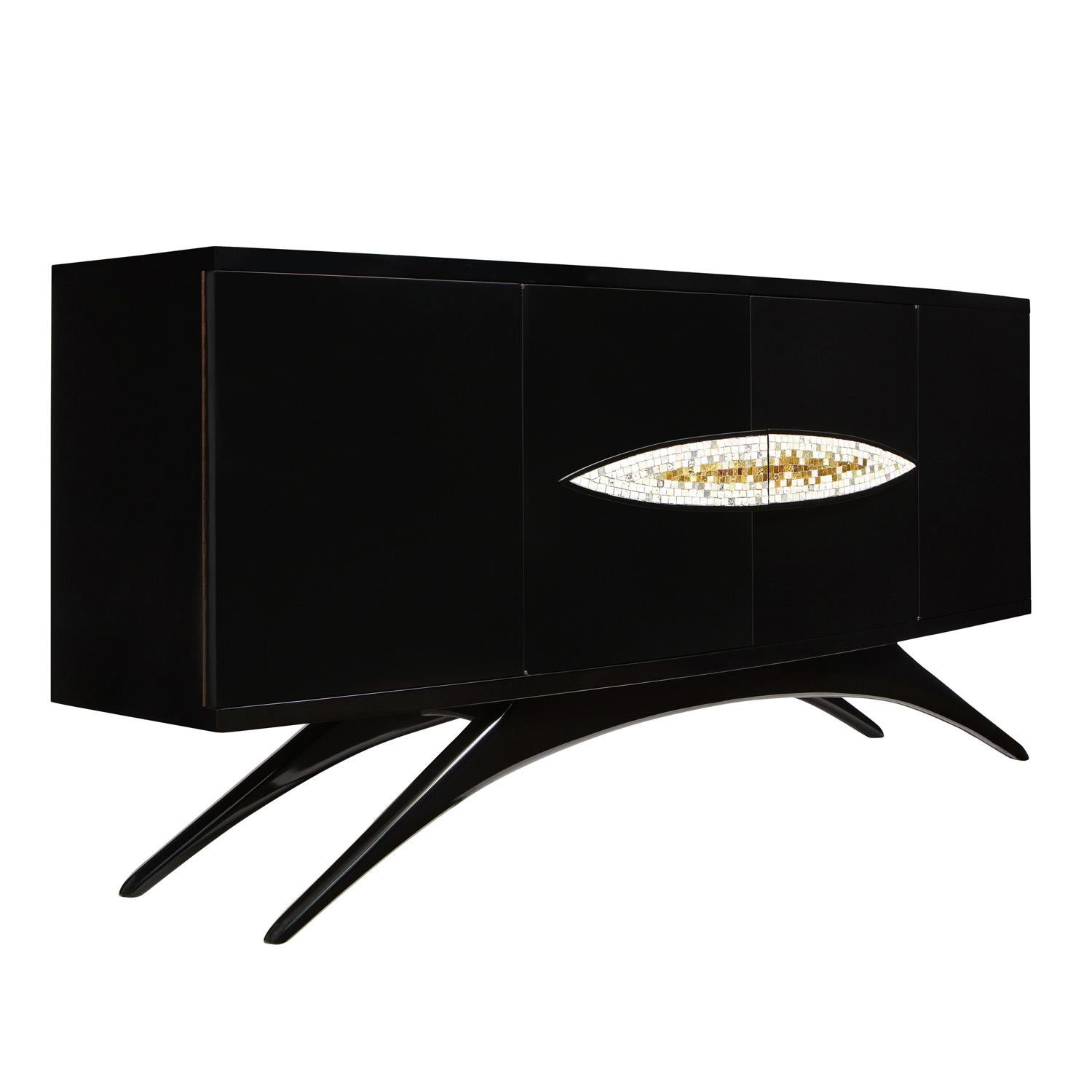 Rare and exceptional black lacquer 4 door cabinet with curved front, splayed legs and hand-set Venetian glass tiles by Vladimir Kagan, American 1953. This cabinet is an extraordinary example of Kagan’s ability to combine graceful organic design with