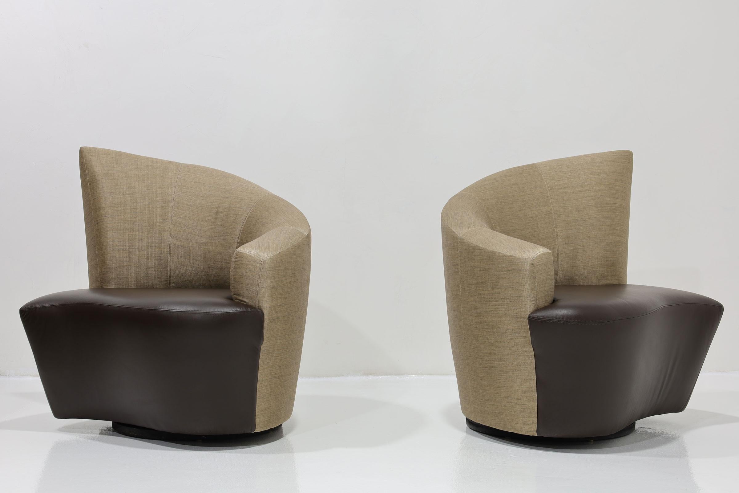 Mid-Century Modern Vladimir Kagan Swivel Bilboa Chairs in Silk and Leather For Sale