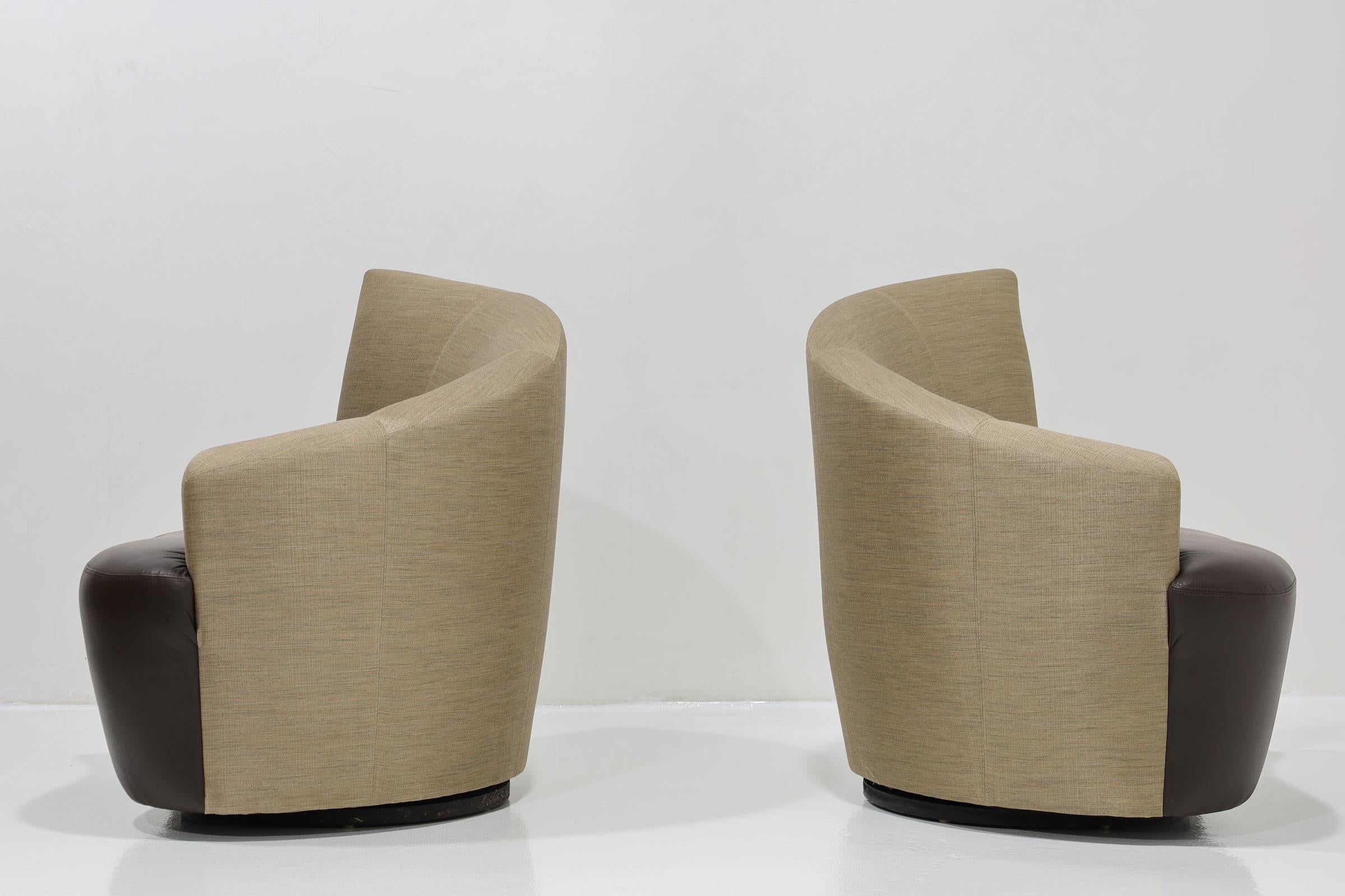 American Vladimir Kagan Swivel Bilboa Chairs in Silk and Leather For Sale