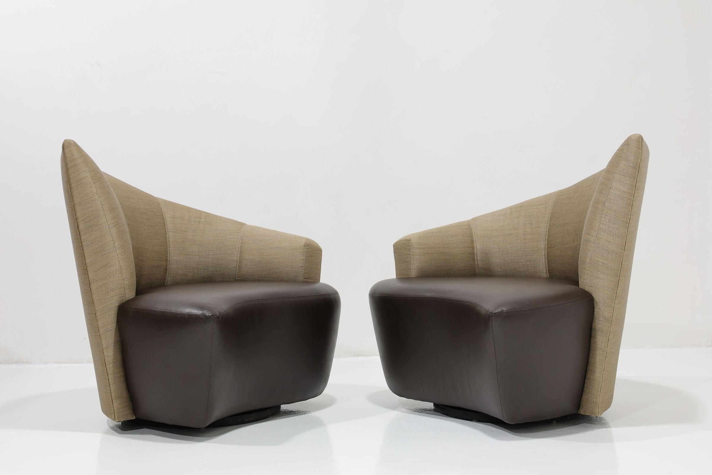 Upholstery Vladimir Kagan Swivel Bilboa Chairs in Silk and Leather For Sale