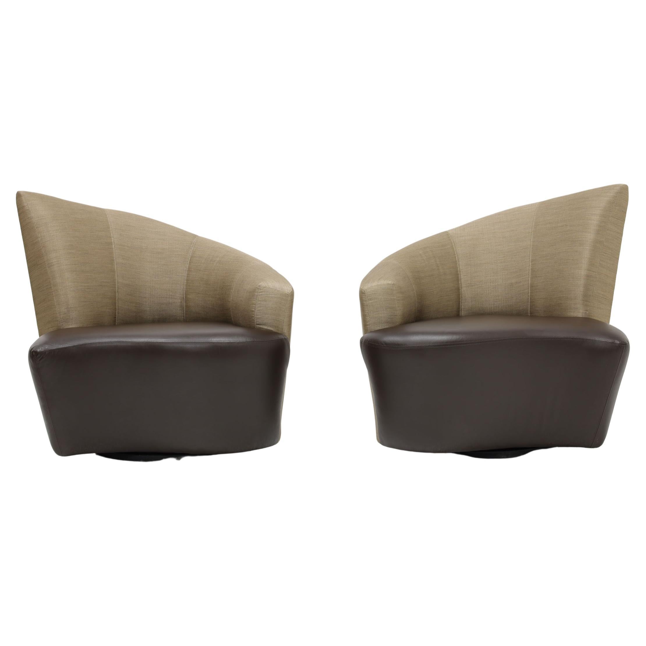 Vladimir Kagan Swivel Bilboa Chairs in Silk and Leather For Sale