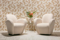 Pair of Michael Wolk Swivel Lounge Chairs in Ivory Bouclé with En-Suite Ottoman