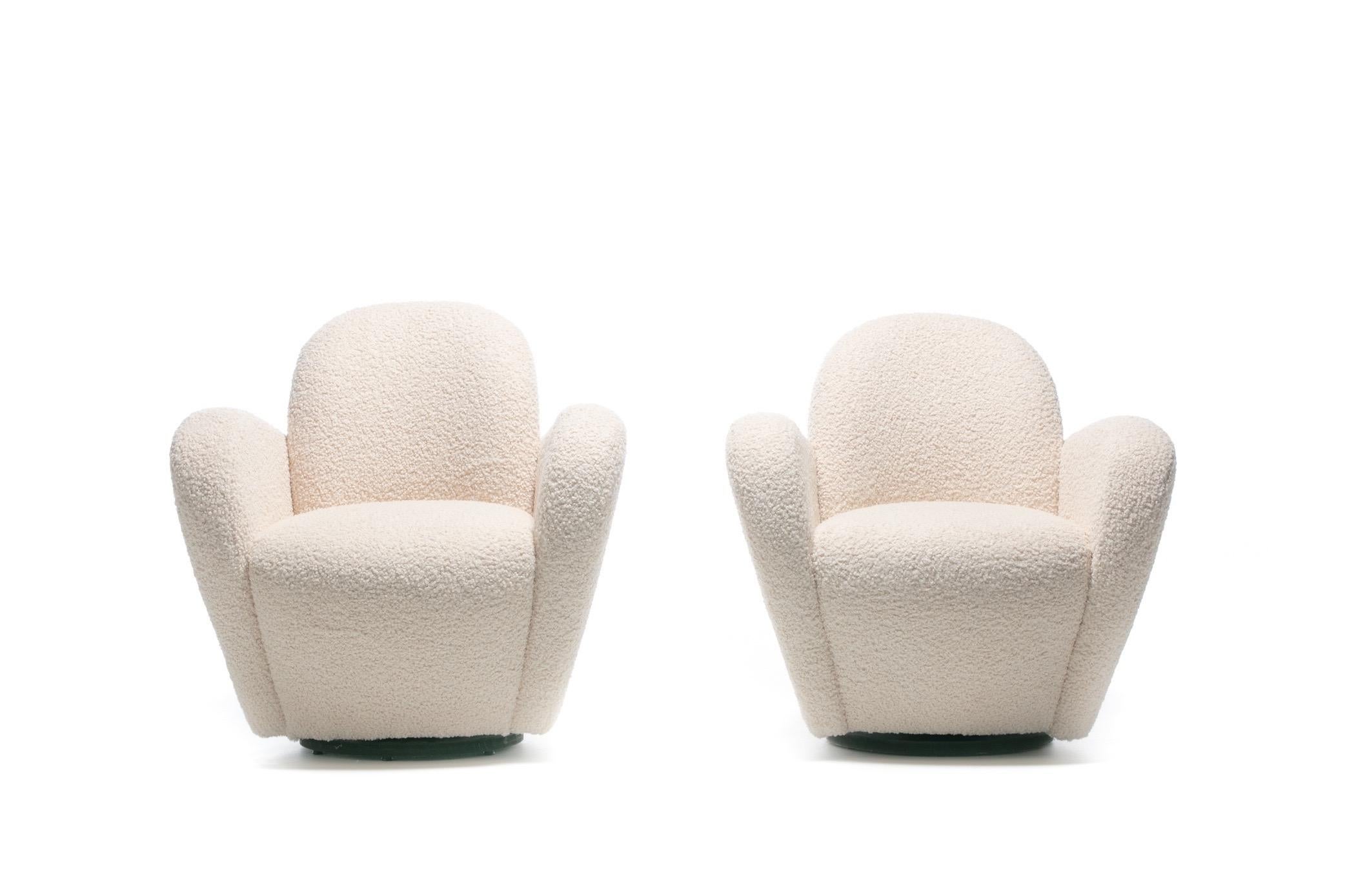 Organic Modern Pair of Michael Wolk Swivel Lounge Chairs in Ivory Bouclé with En-Suite Ottoman