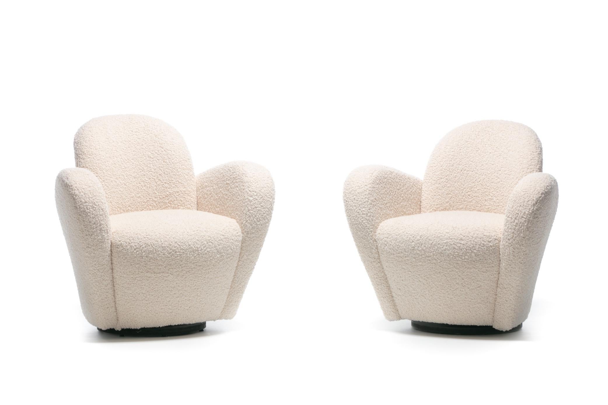 American Pair of Michael Wolk Swivel Lounge Chairs in Ivory Bouclé with En-Suite Ottoman