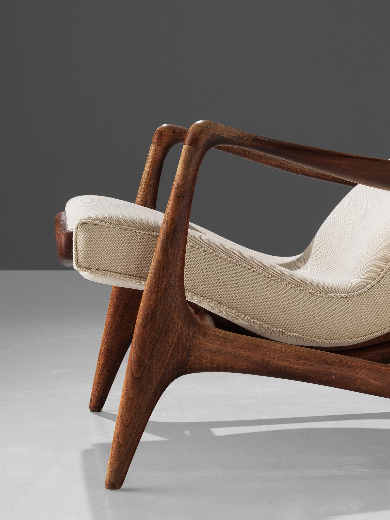 Vladimir Kagan Teak and Ivory Fabric 'Contour' Chair In Good Condition In Waalwijk, NL