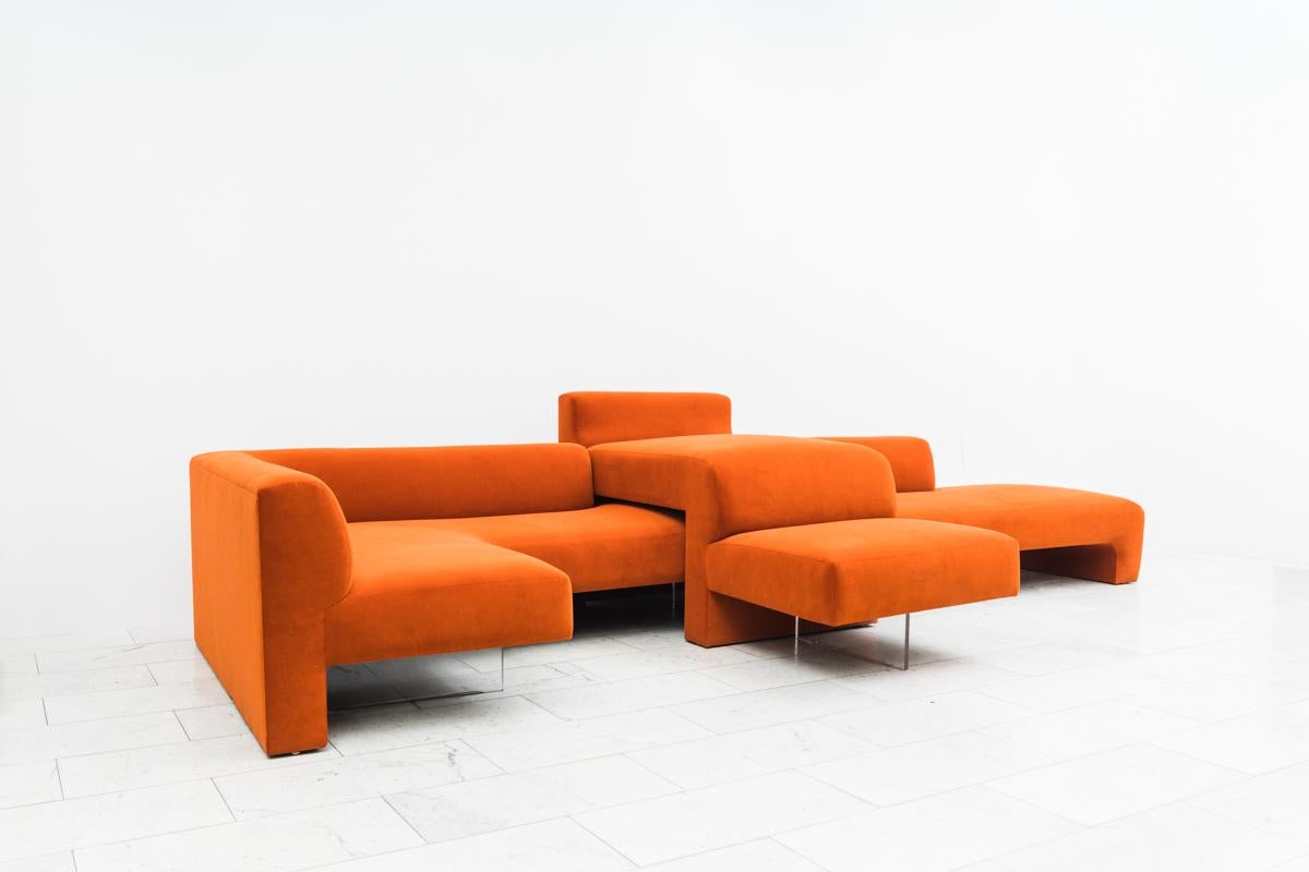 Sleek and organic, Kagan’s furniture represents the adaptive spirit of American creativity. With a daybed, a L-shaped sofa, and a high-low, the entire piece may be arranged as one large sofa, or in three parts with room for side tables or walkways