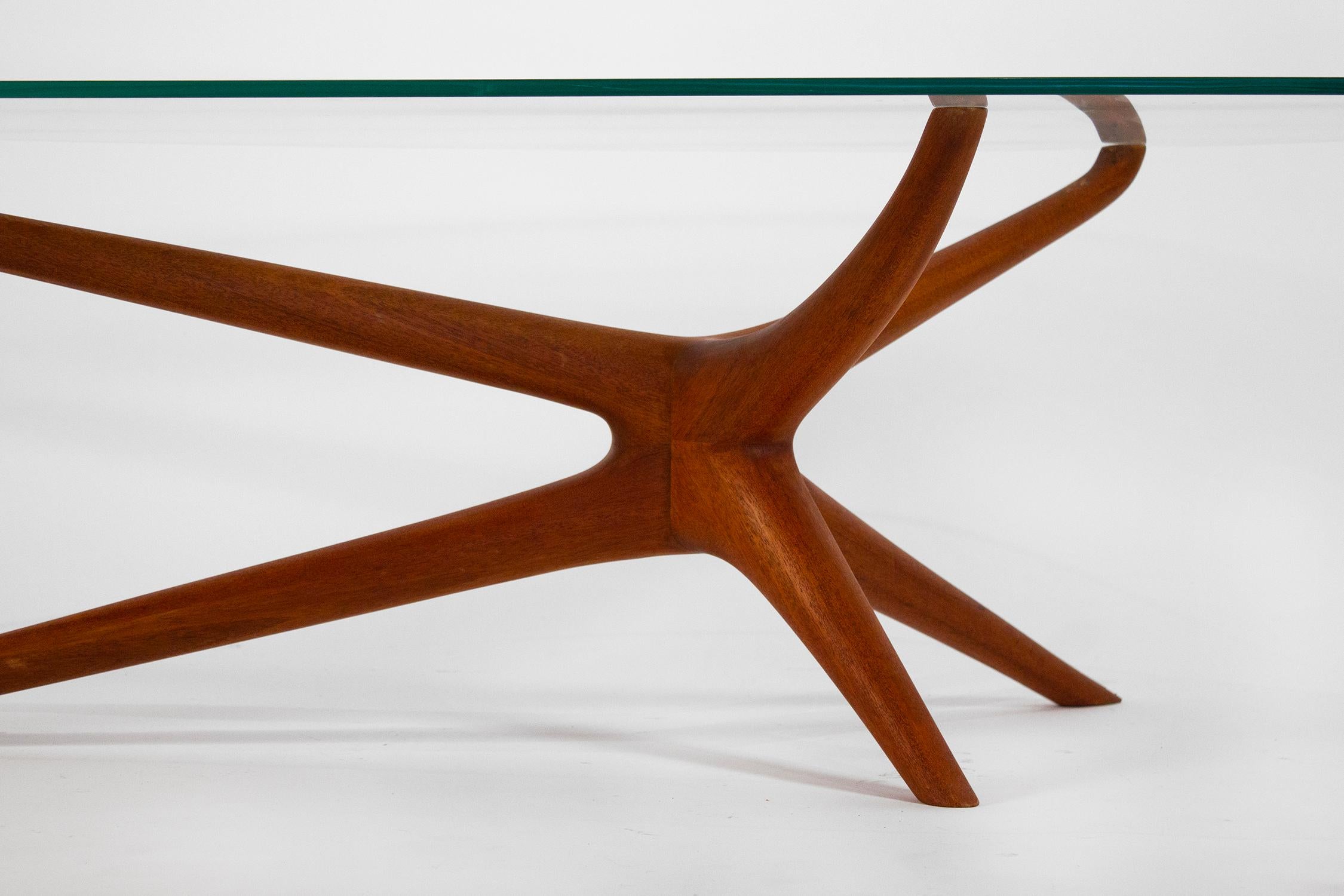 Mid-Century Modern Tri-Symmetric Organic Coffee Table in Mahogany with Glass Top In Good Condition For Sale In Dallas, TX