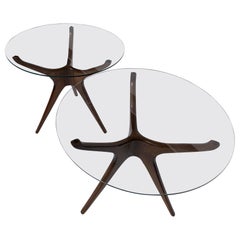 Trisymmetric Walnut and Glass Side or Occasional Tables-Vladimir Kagan Style