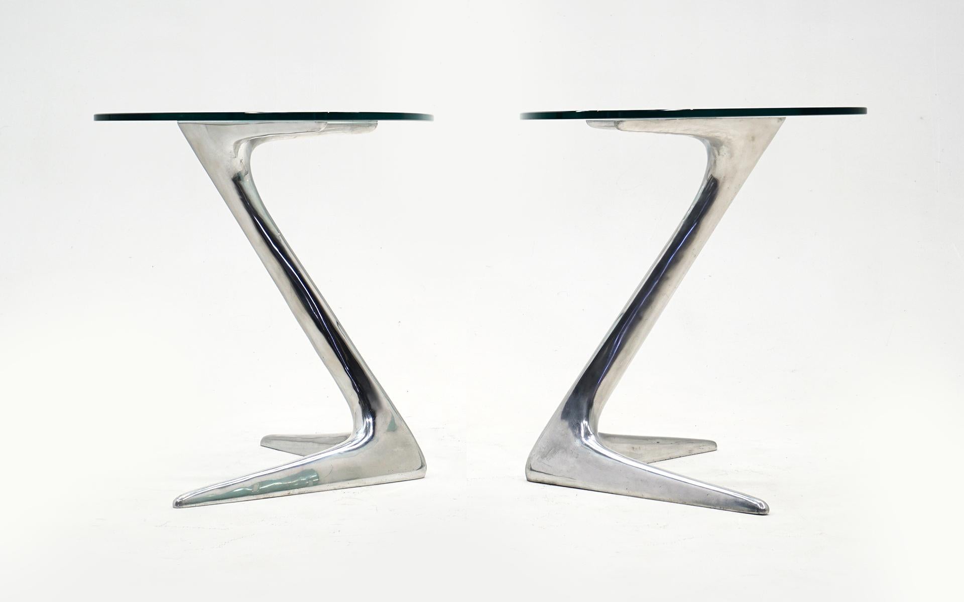 Mid-Century Modern Vladimir Kagan Unicorn Occasional Tables, Pair, Polished Cast Aluminum & Glass For Sale