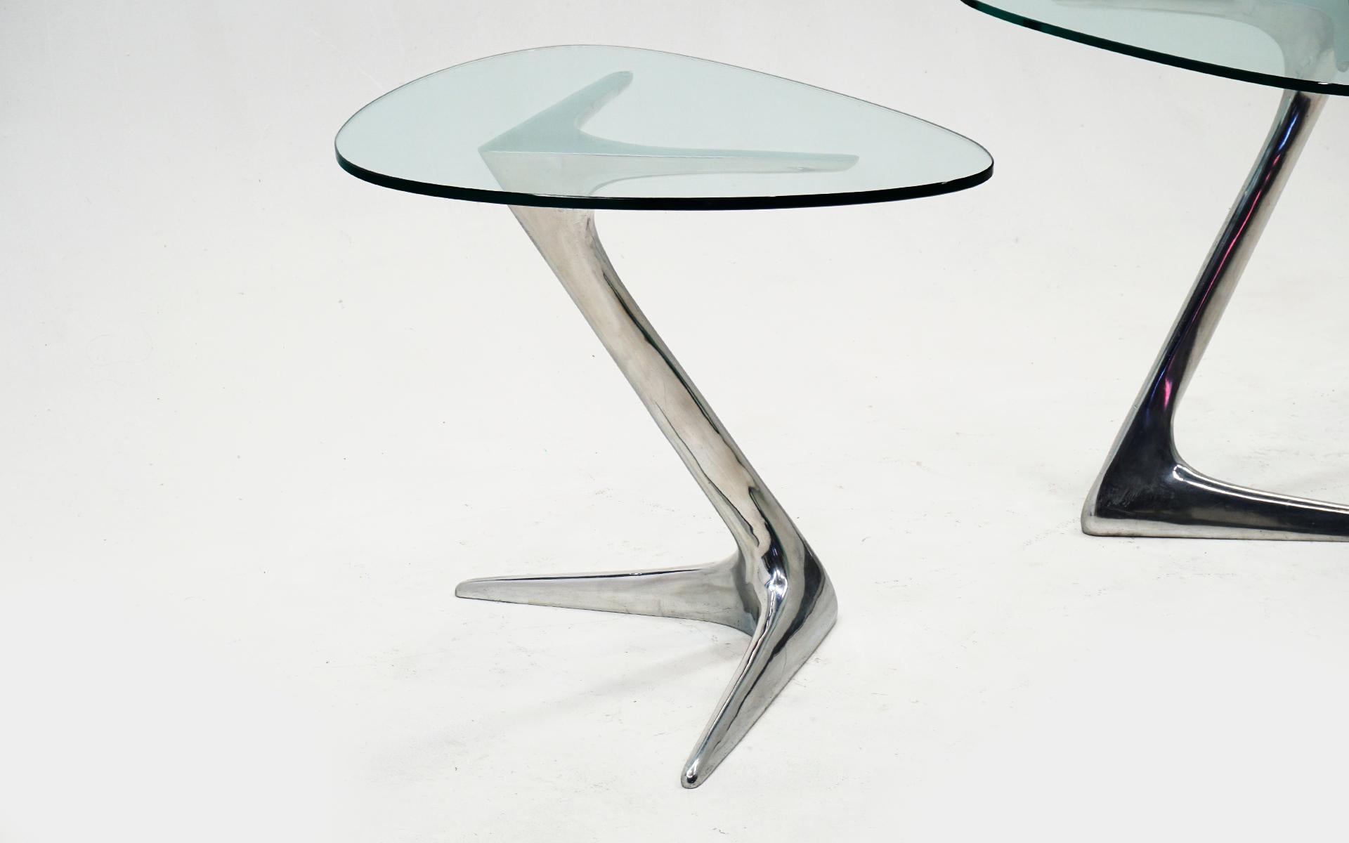 American Vladimir Kagan Unicorn Occasional Tables, Pair, Polished Cast Aluminum & Glass For Sale