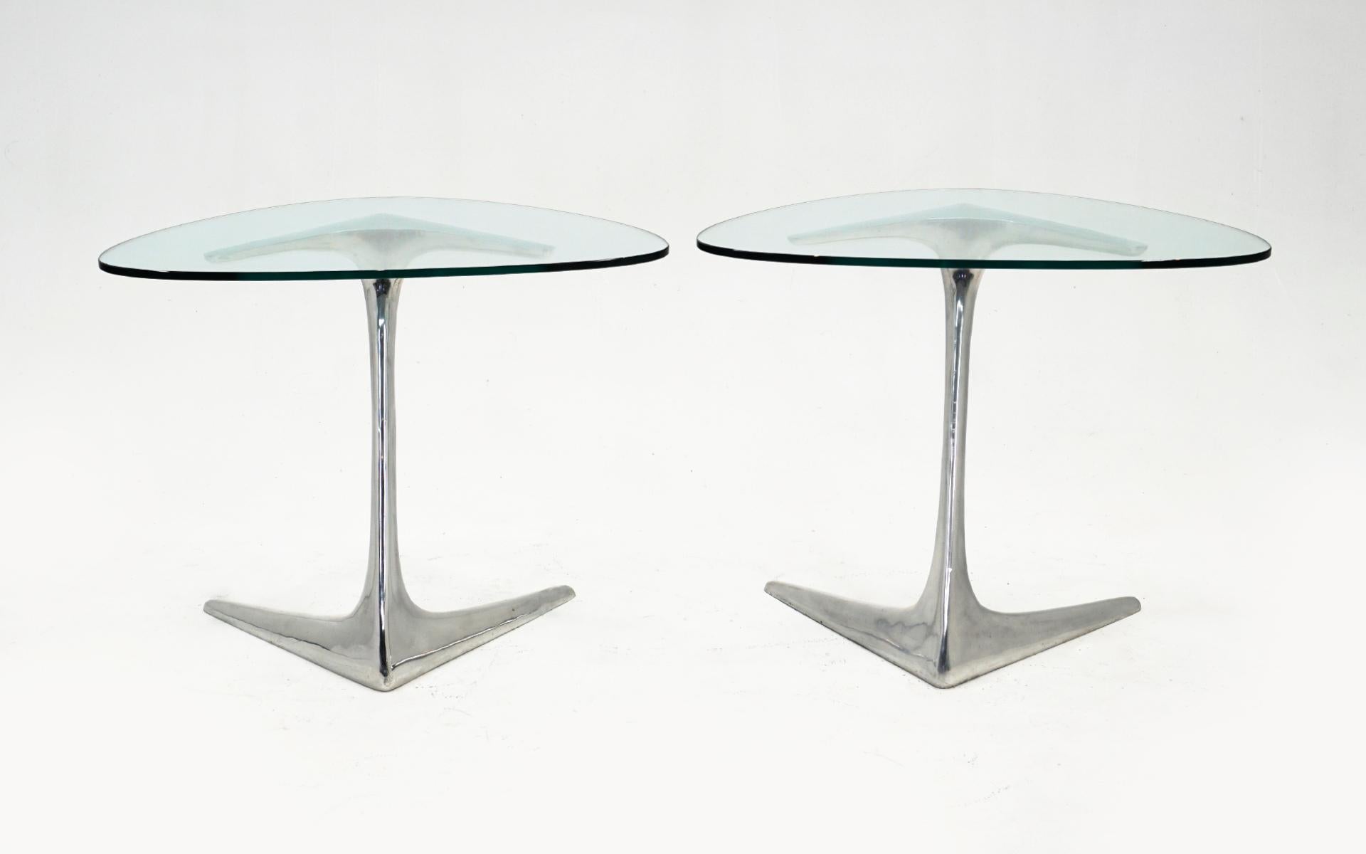 Vladimir Kagan Unicorn Occasional Tables, Pair, Polished Cast Aluminum & Glass For Sale 1