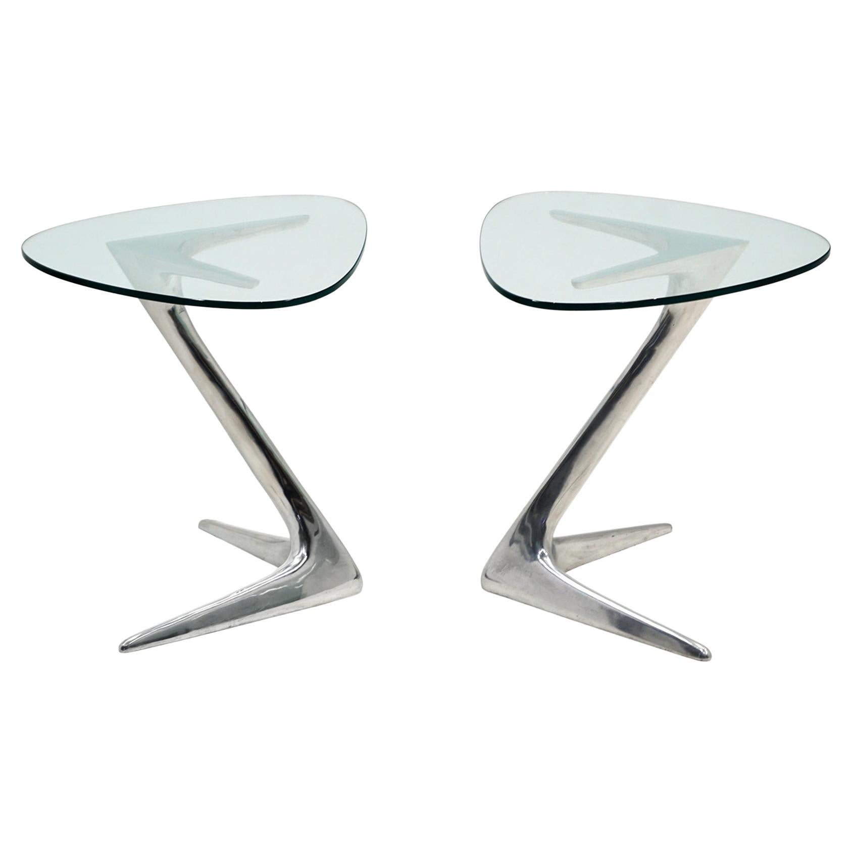 Vladimir Kagan Unicorn Occasional Tables, Pair, Polished Cast Aluminum & Glass For Sale