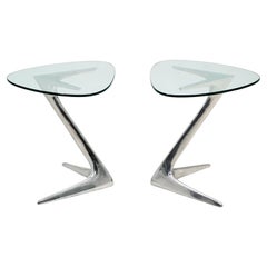 Vladimir Kagan Unicorn Occasional Tables, Pair, Polished Cast Aluminum & Glass