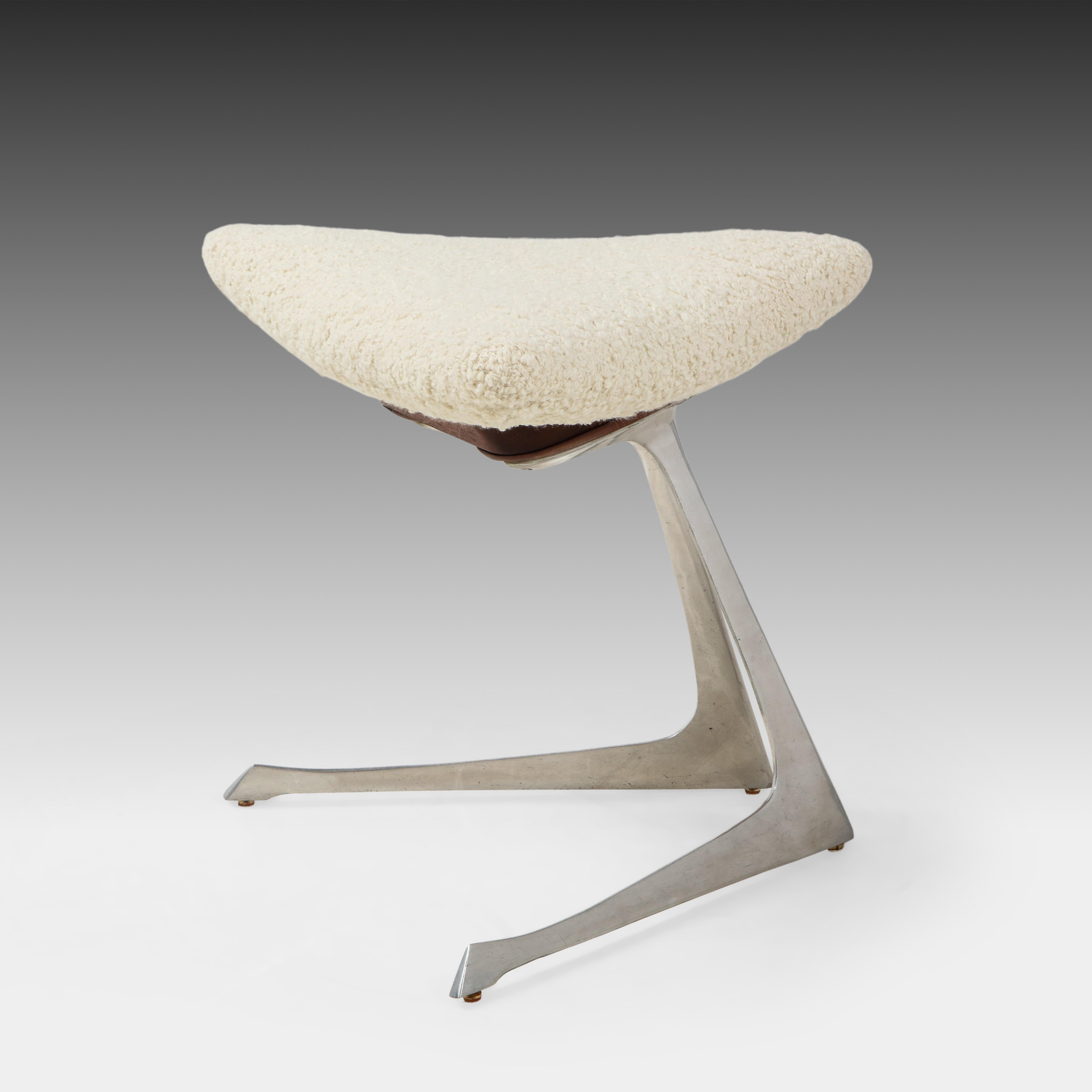 Mid-20th Century Vladimir Kagan Rare Unicorn Stool in Aluminum and Ivory Bouclé, 1960s For Sale