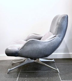 Vladimir Kagan VK Armchair, Gray Blue Leather Lounge Chair, Polished Base.