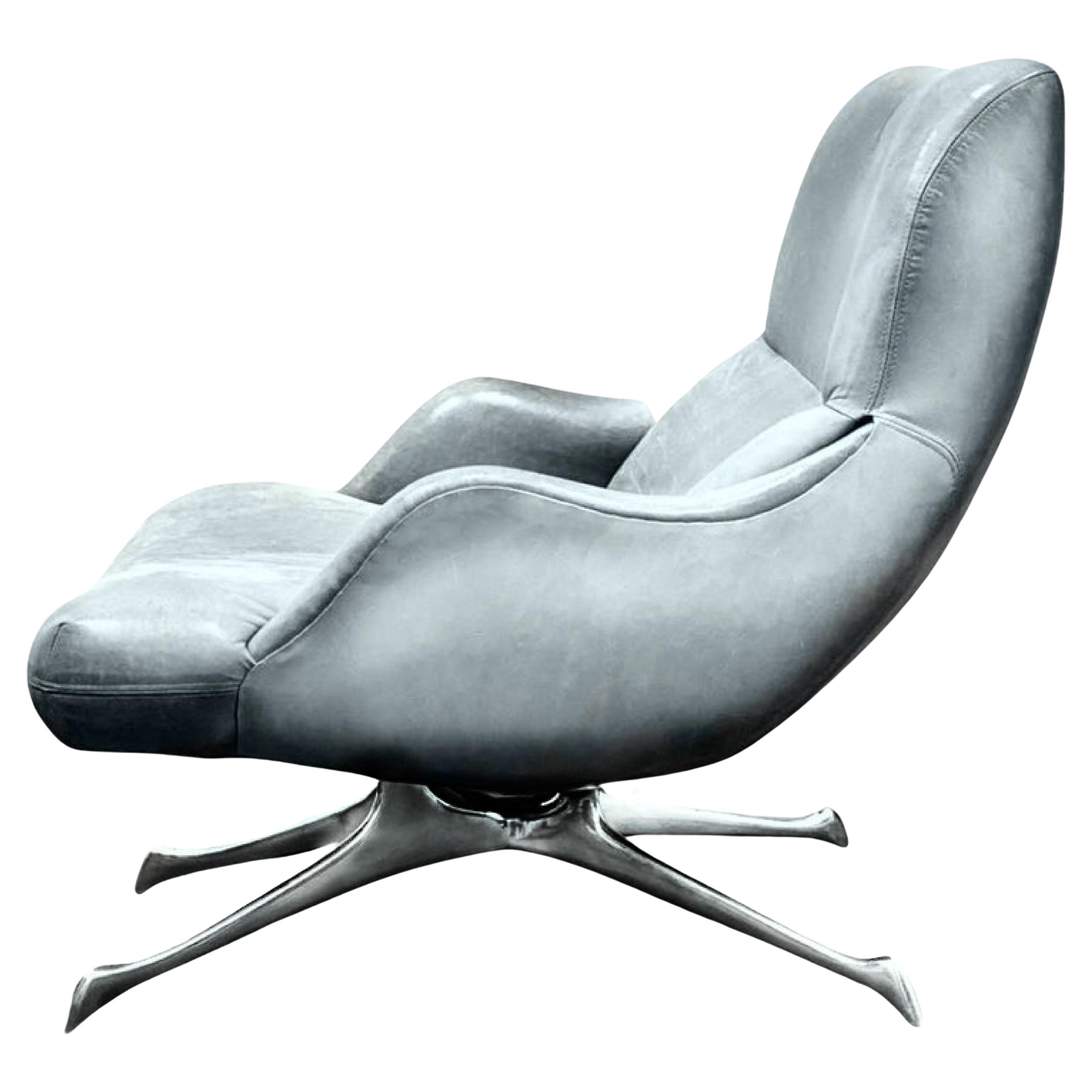 Fauteuil Vladimir Kagan VK, chaise longue en cuir gris-bleu, base polie en vente