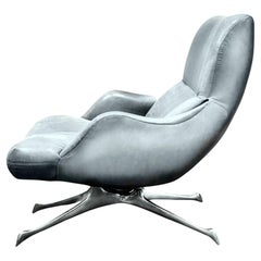 Retro Vladimir Kagan VK Armchair, Gray Blue Leather Lounge Chair, Polished Base.