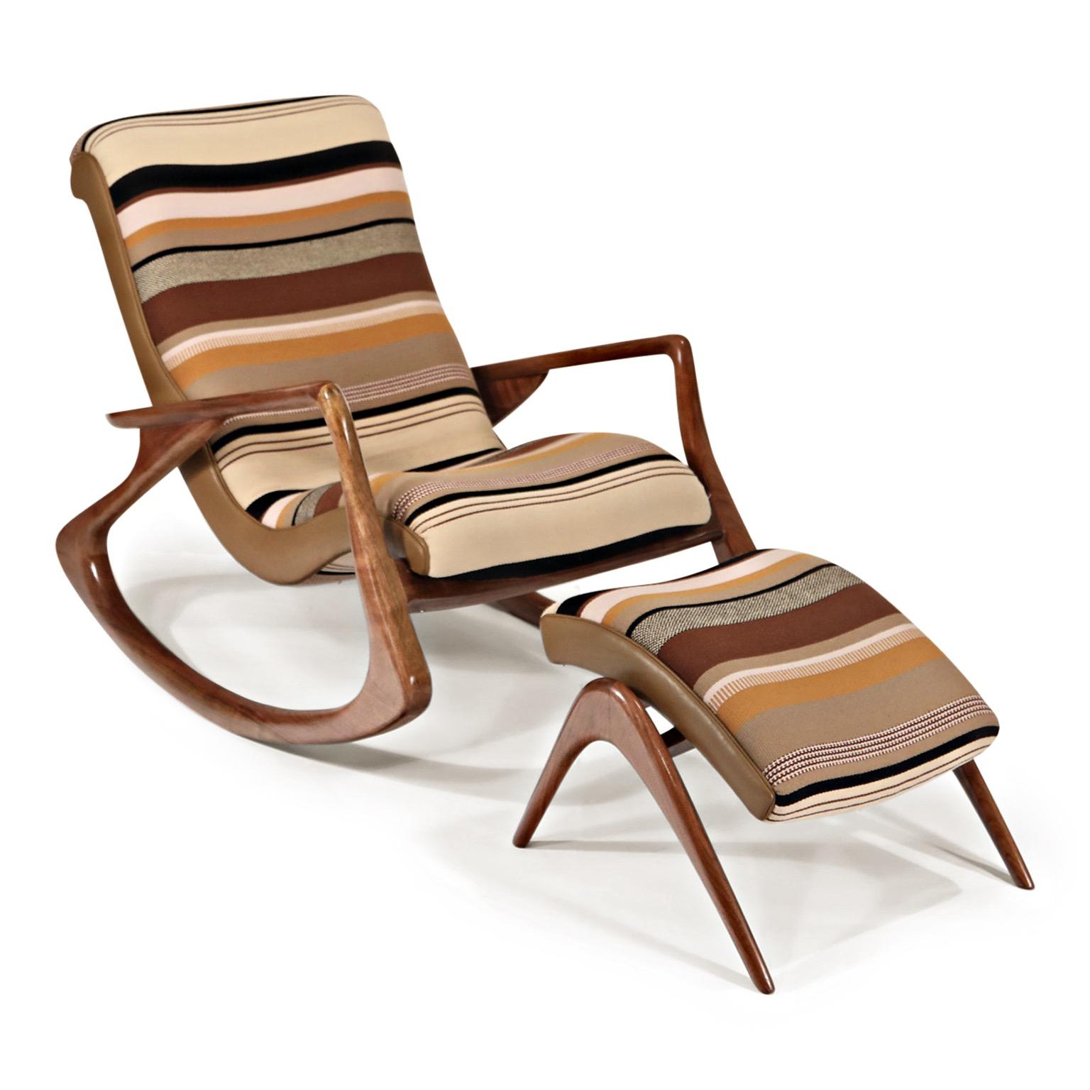 This incredible Vladimir Kagan contour rocking lounge chair and ottoman is as collectible as it is beautiful and a fine choice as an investment for collectors and an heirloom for generations. Both the chair and ottoman are signed with 